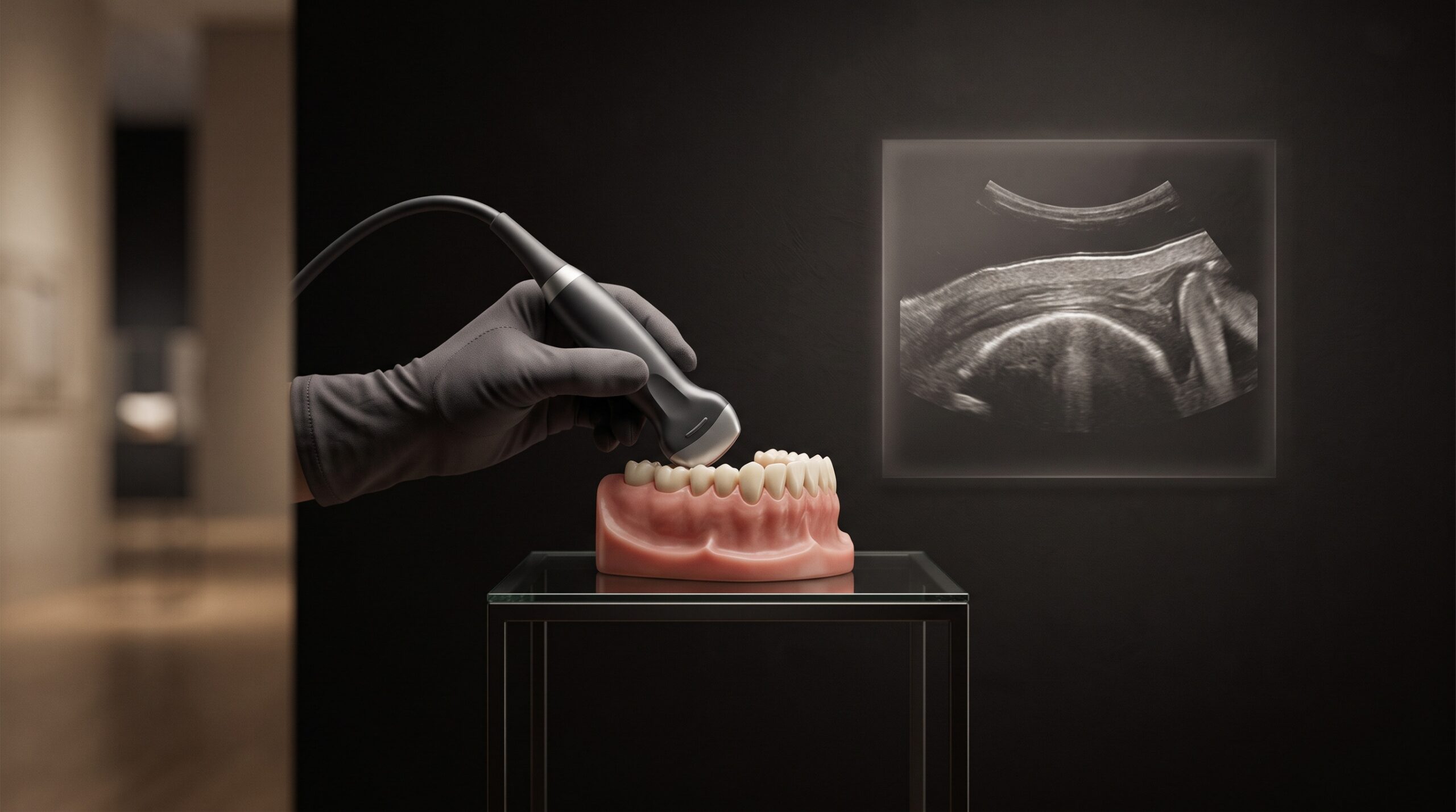 A high-frequency ultrasound probe resting against an anatomical model of gum and teeth beside a softly glowing cross-sectional ultrasound image of soft tissue over bone