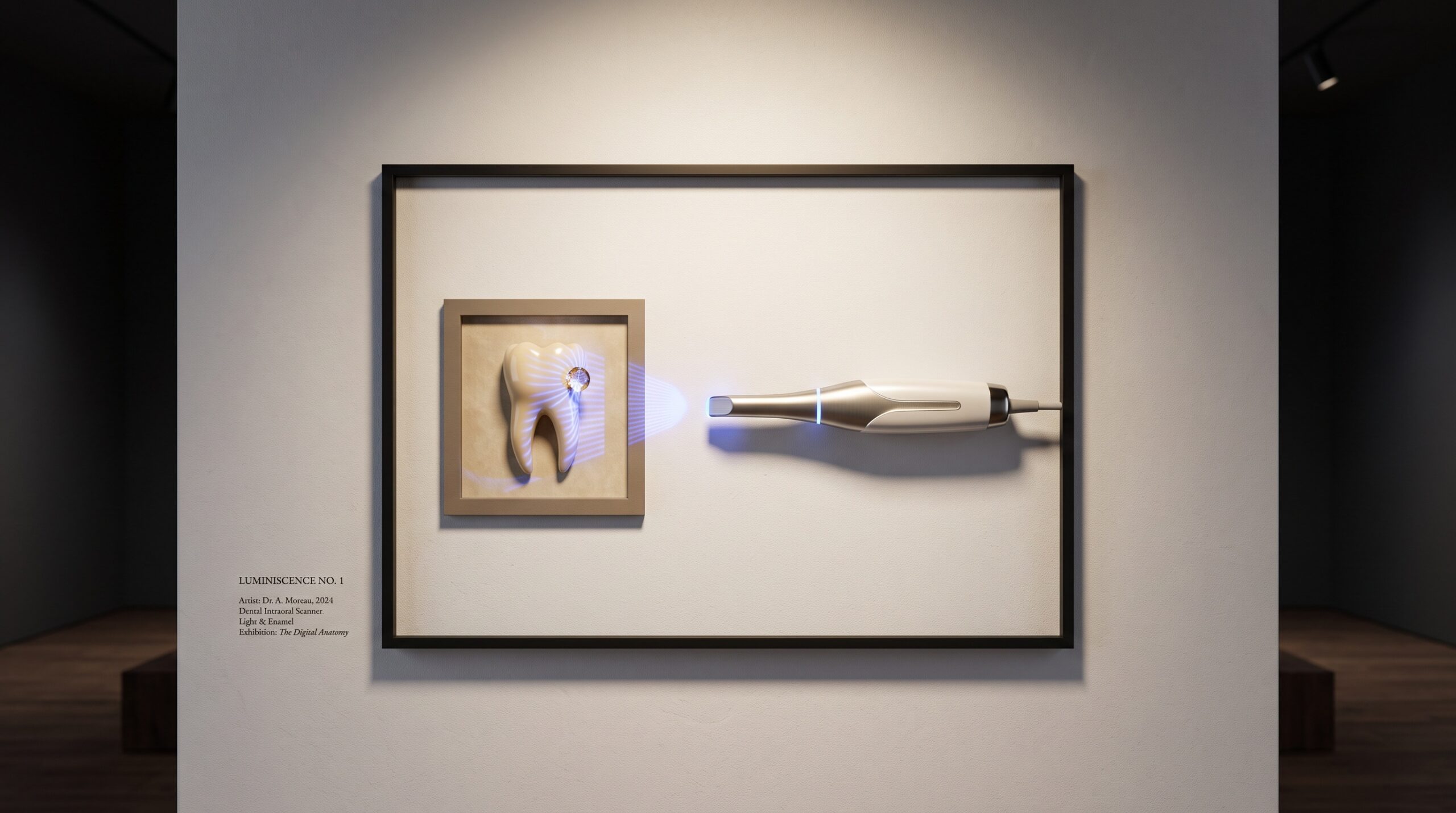 An intraoral scanner tip casting structured light on a framed tooth with a single bright bead of liquid on the enamel