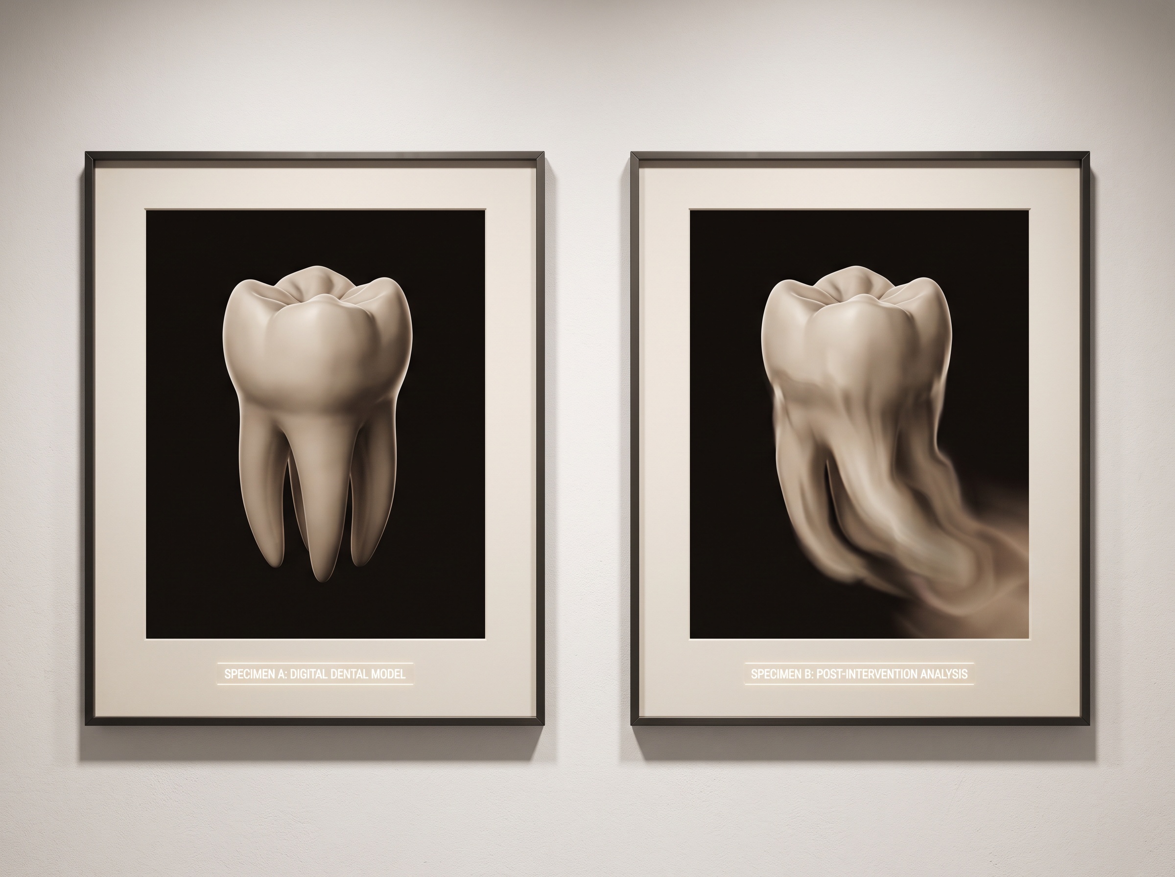 Two framed digital tooth models: one crisp, one with a smeared, melted margin