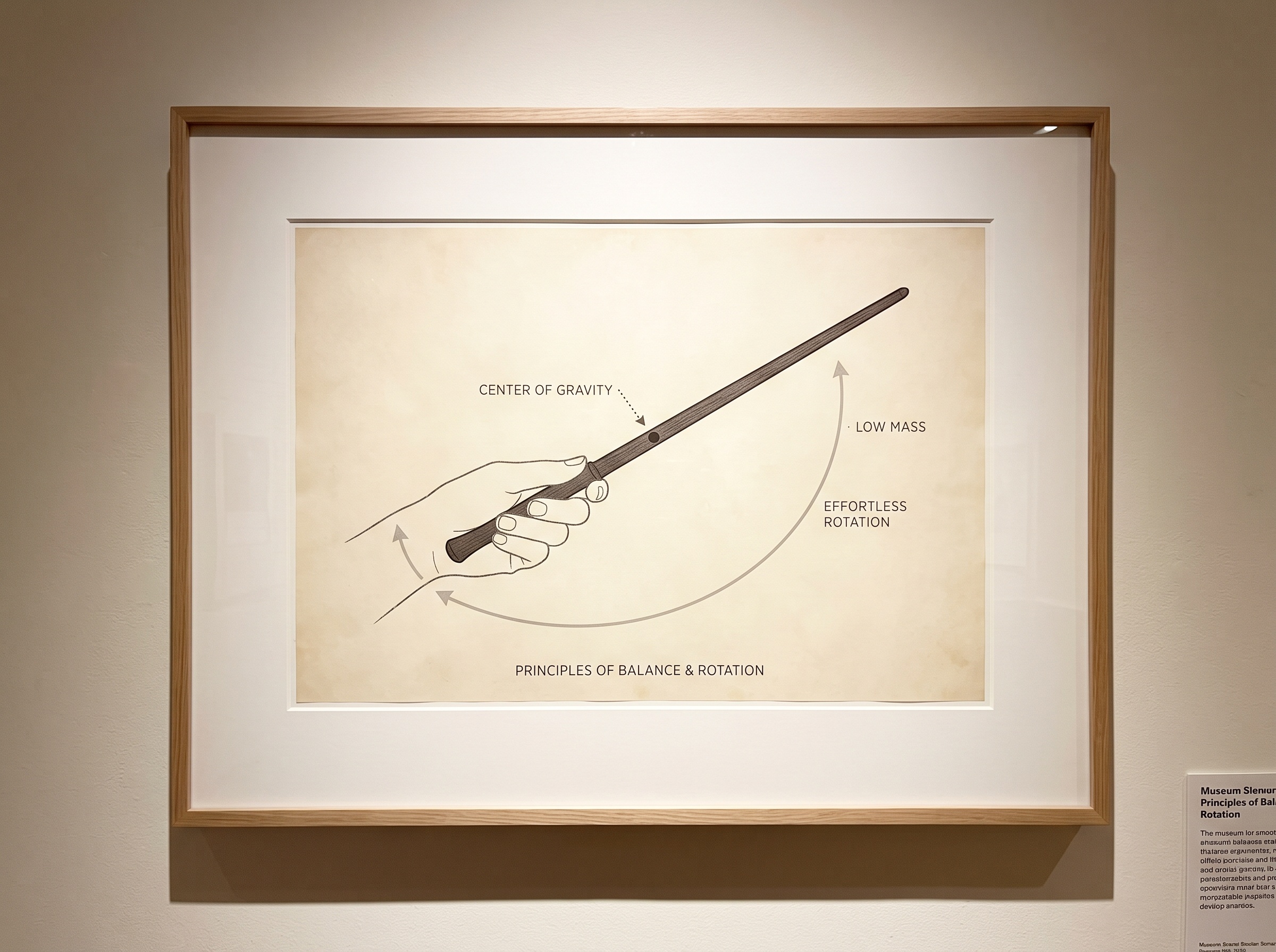 A minimalist diagram of a hand holding a slender wand with a marked balance point and an arc showing easy wrist rotation