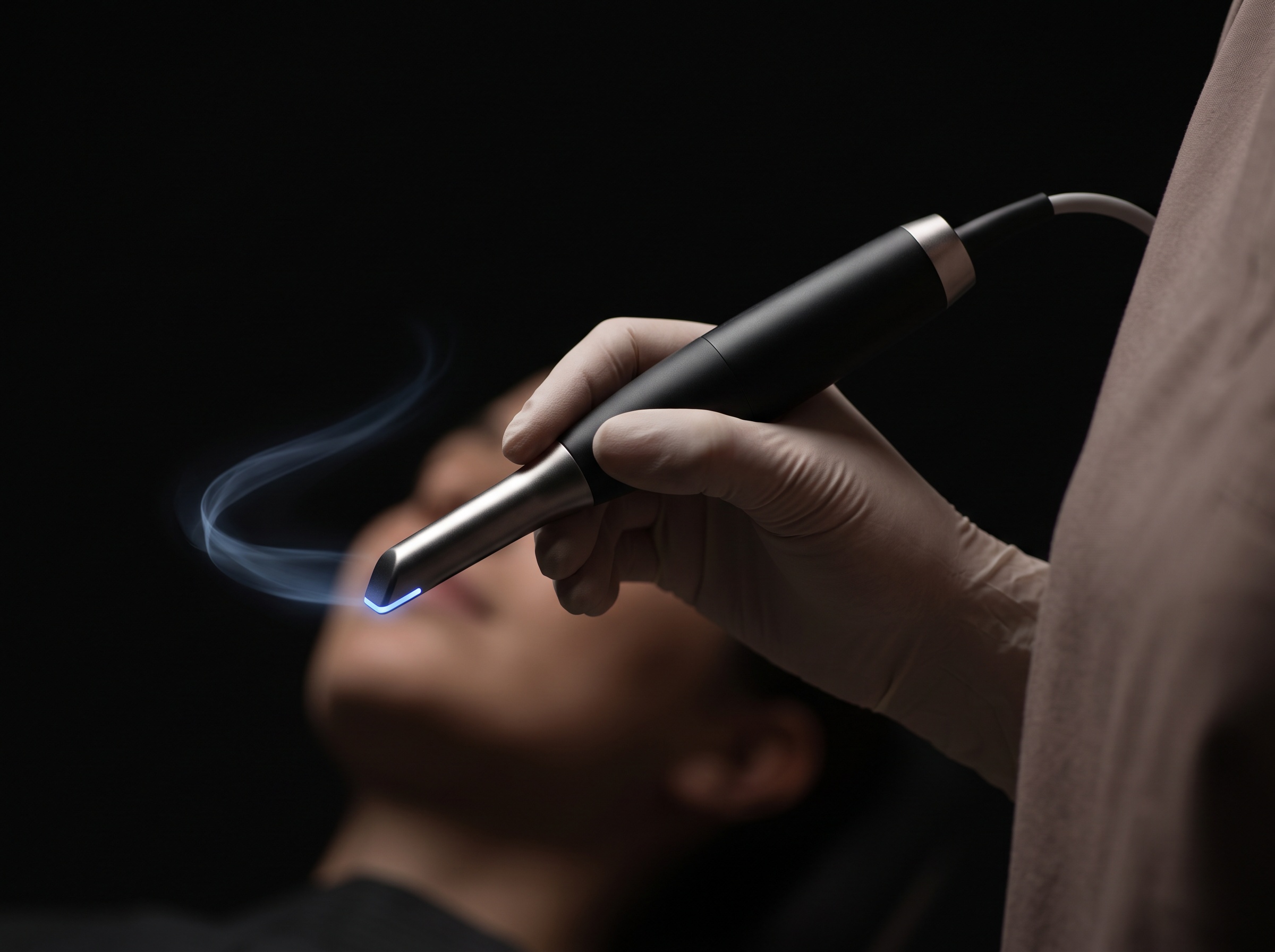 A clinician's hand smoothly guiding a slim intraoral scanner along an arc, a faint luminous ribbon tracing the scan path
