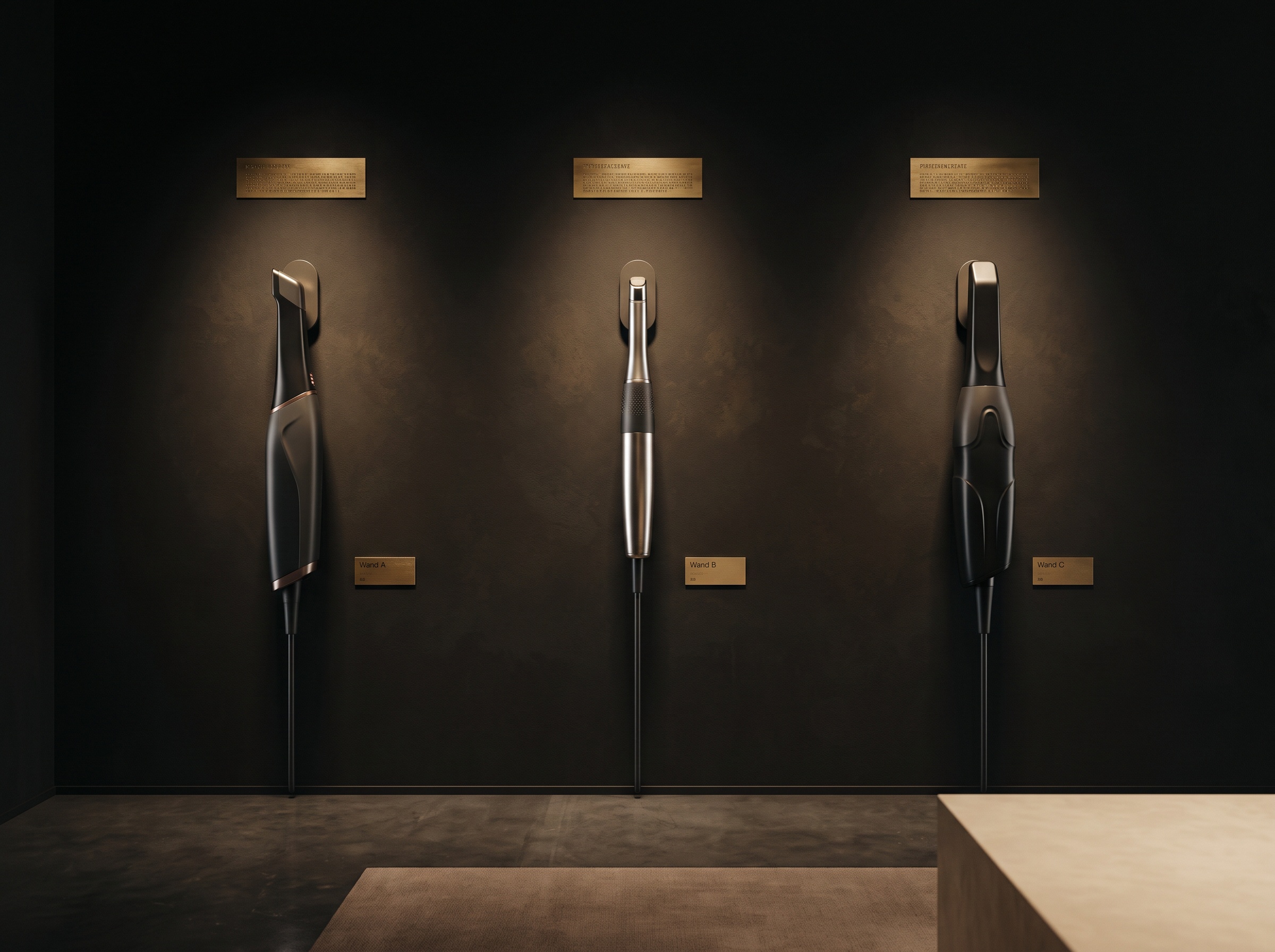 Three slender intraoral scanner wands of different designs displayed in a row like fine-art studies on a gallery wall
