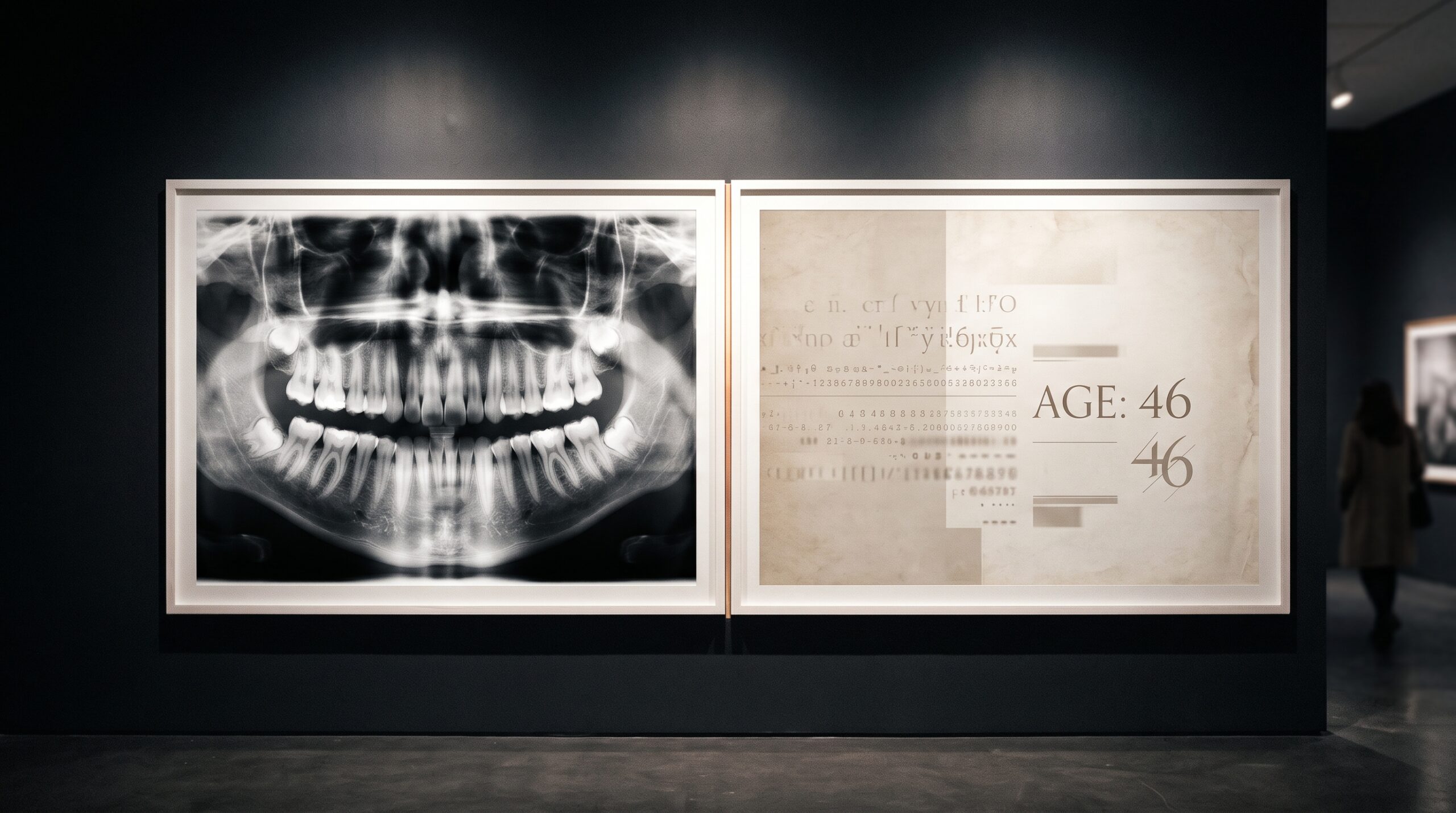 A gallery diptych fusing a panoramic dental radiograph with an abstract patient chart, representing multimodal AI reading of periodontal bone loss