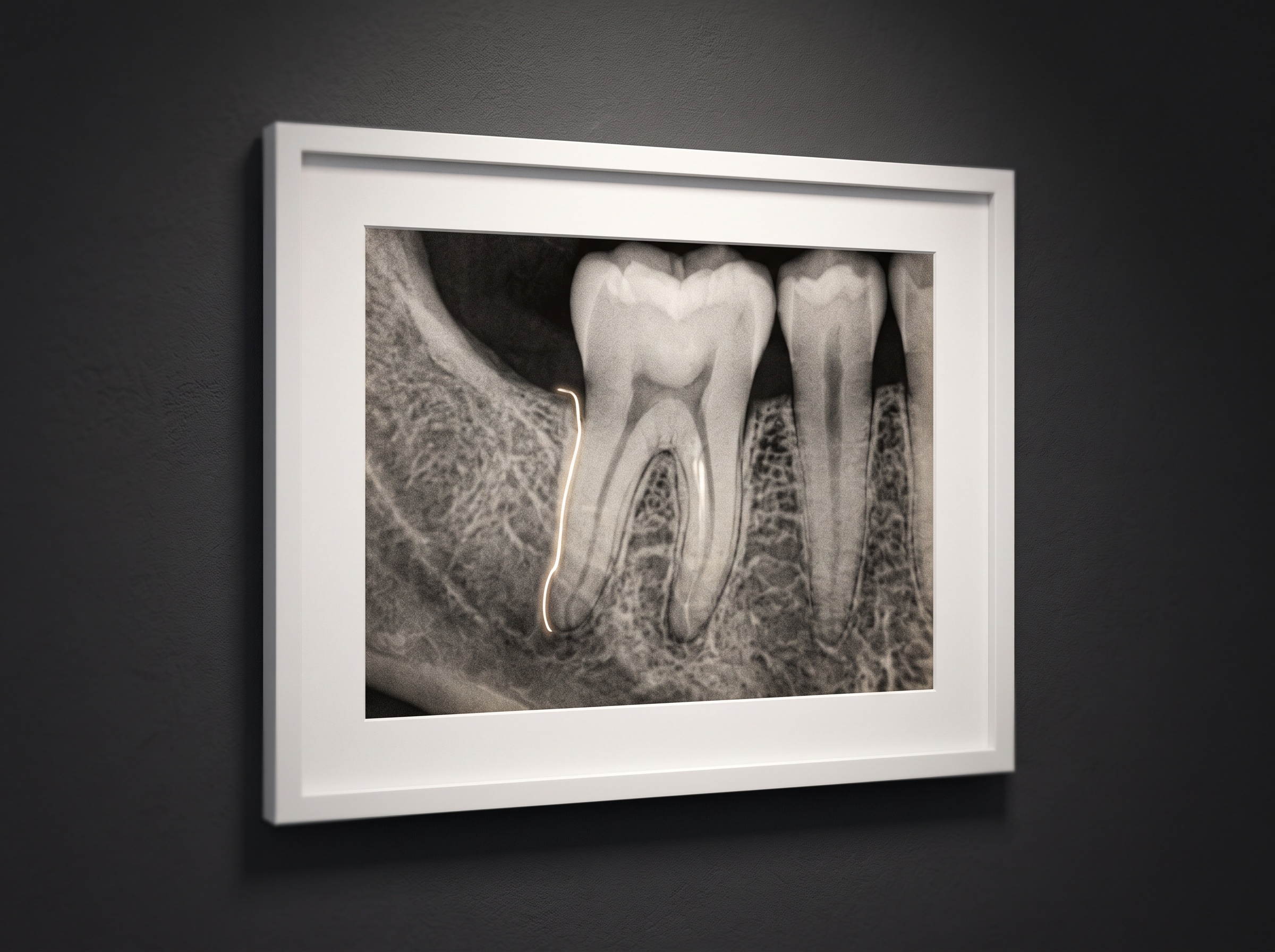Close-up framed radiograph of a tooth root with a measurement line marking bone loss relative to root length