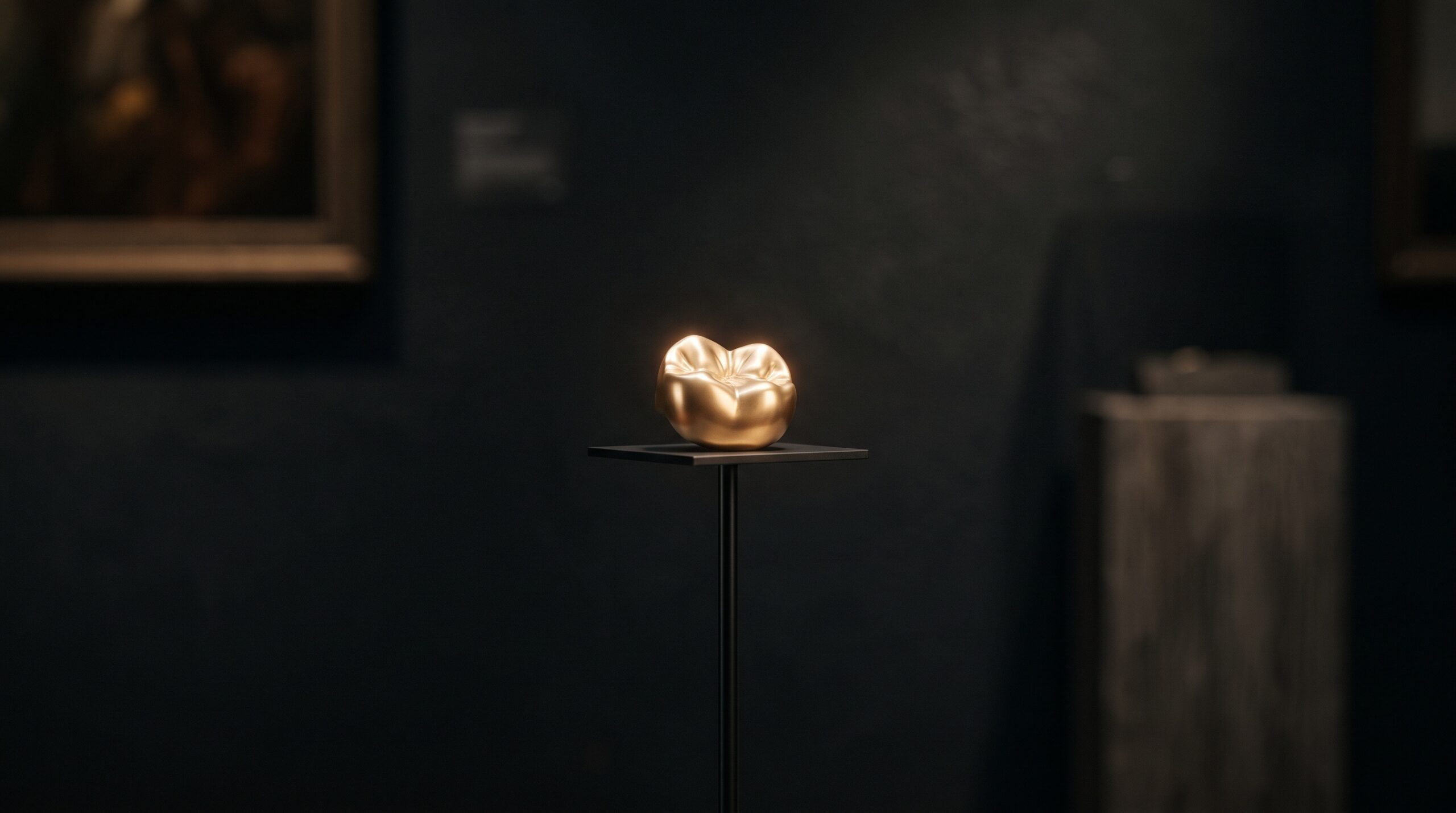 A polished gold dental onlay on a pedestal, lit so its surface glows softly instead of showing a harsh blown-out highlight