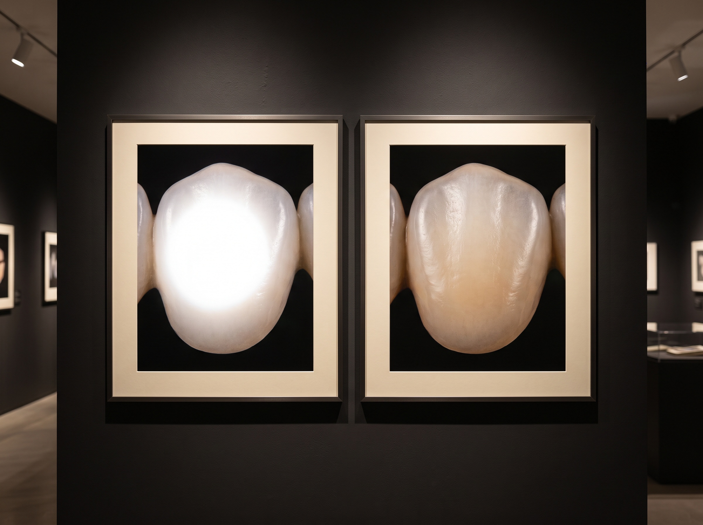A diptych comparing a ceramic crown photographed with harsh flash glare against the same crown photographed with soft diffused light