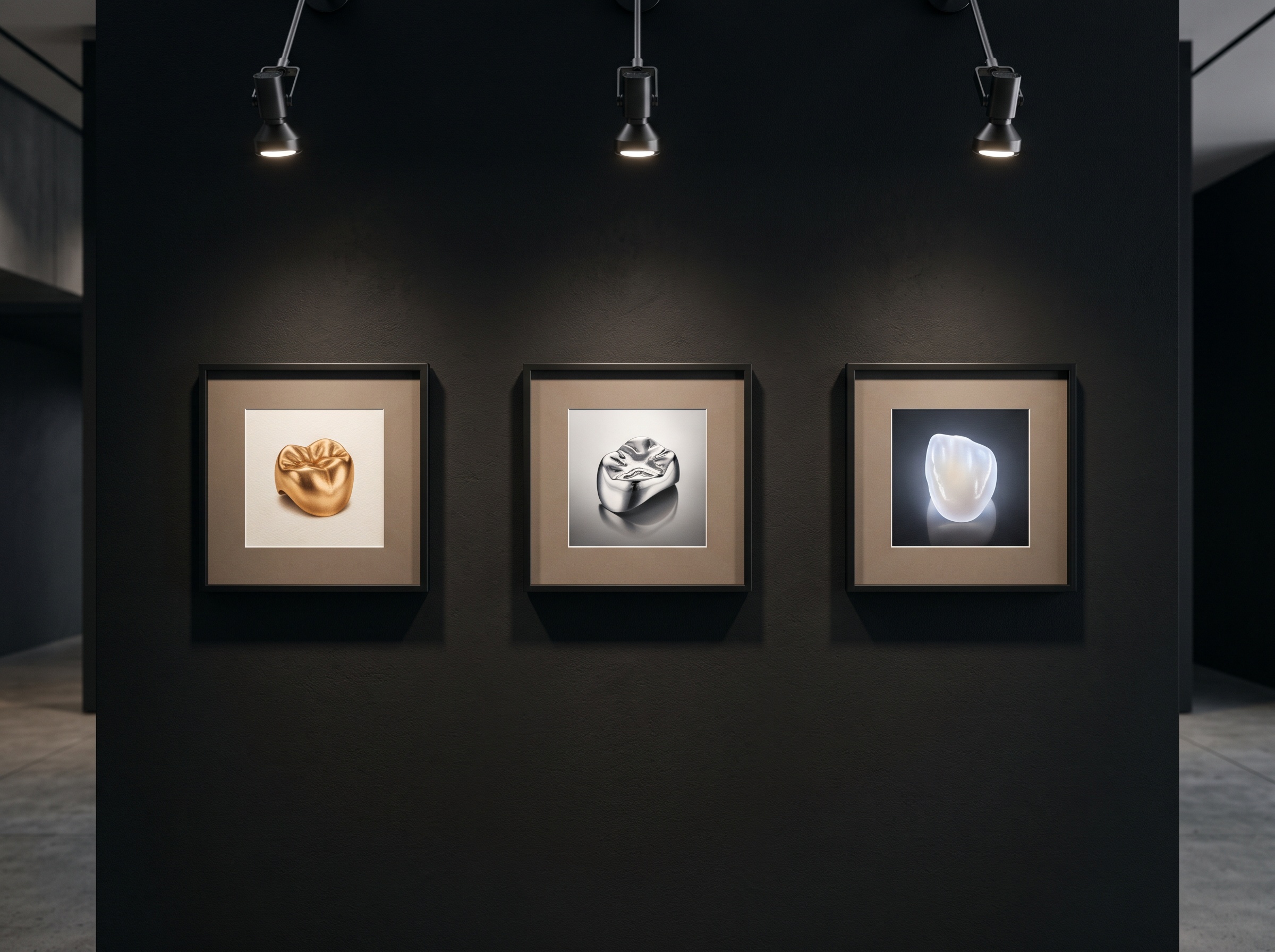 Three framed studies side by side of a gold crown, a polished metal inlay, and a translucent ceramic crown, each lit to suit its surface