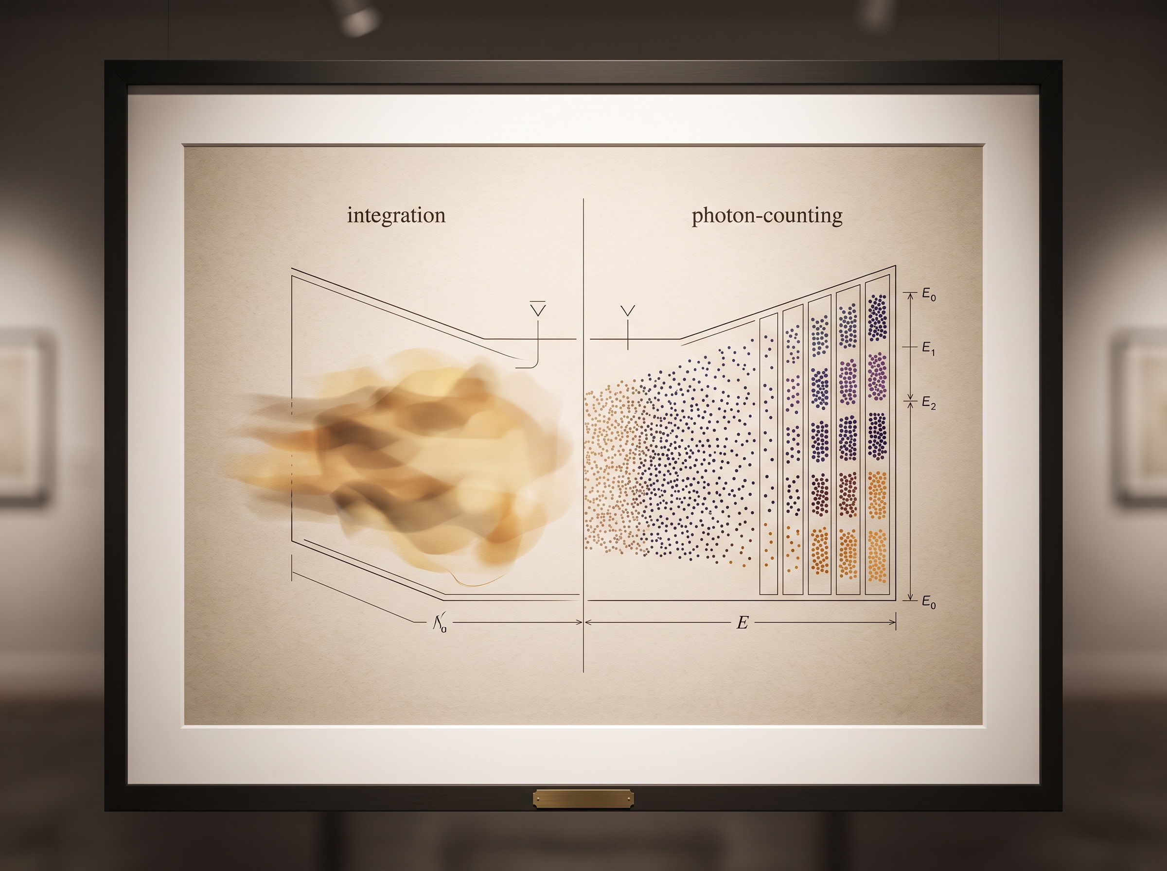 A diagram contrasting a detector that pools photons into one brightness with a detector that counts each photon individually and sorts it by energy color