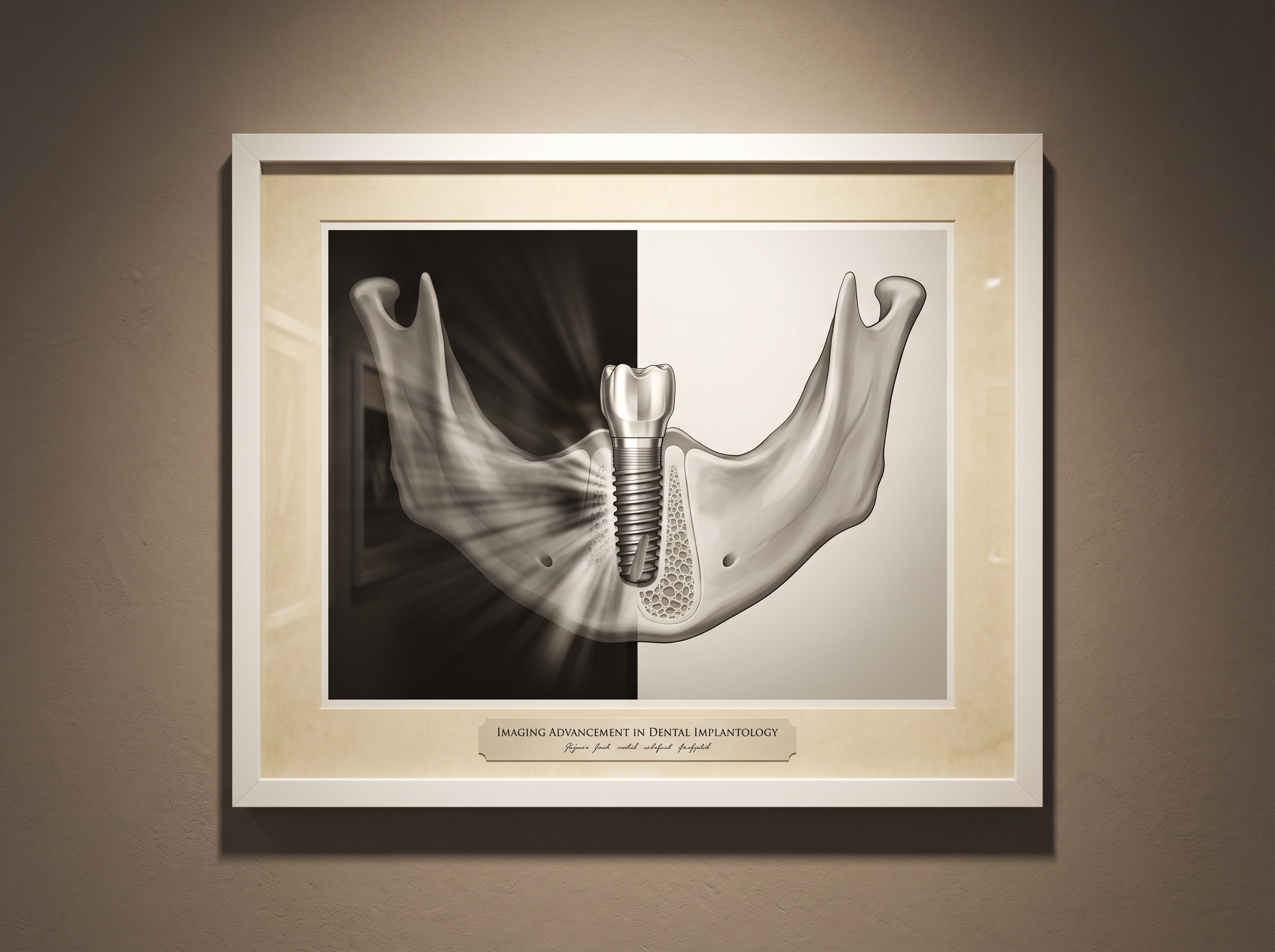 A framed cross-section of a jaw with a titanium implant showing harsh metal streak artifact on one side dissolving into clean clear bone on the other