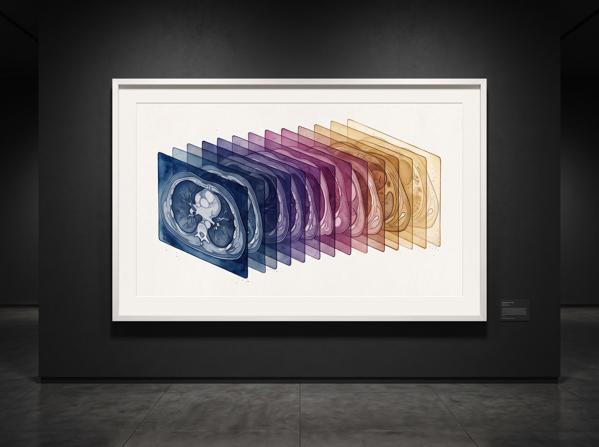 An illustration of one CT scan reconstructed as overlapping translucent layers each tinted a different energy color, fanned out like a folding fan