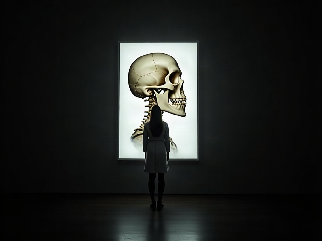 A clinician silhouette contemplating a large framed artifact-free cross-section of the facial skeleton rendered as a study in light