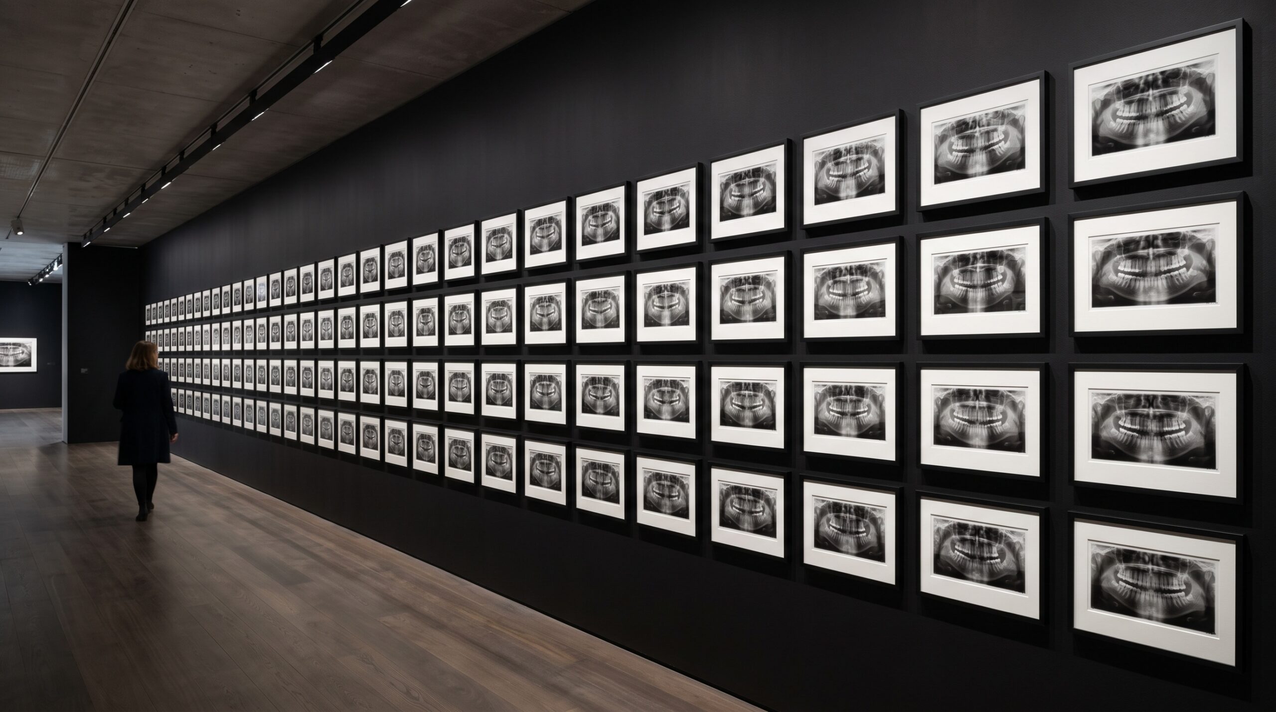 A near-black gallery wall hung with rows of identically framed panoramic dental X-rays, presented as a curated museum collection