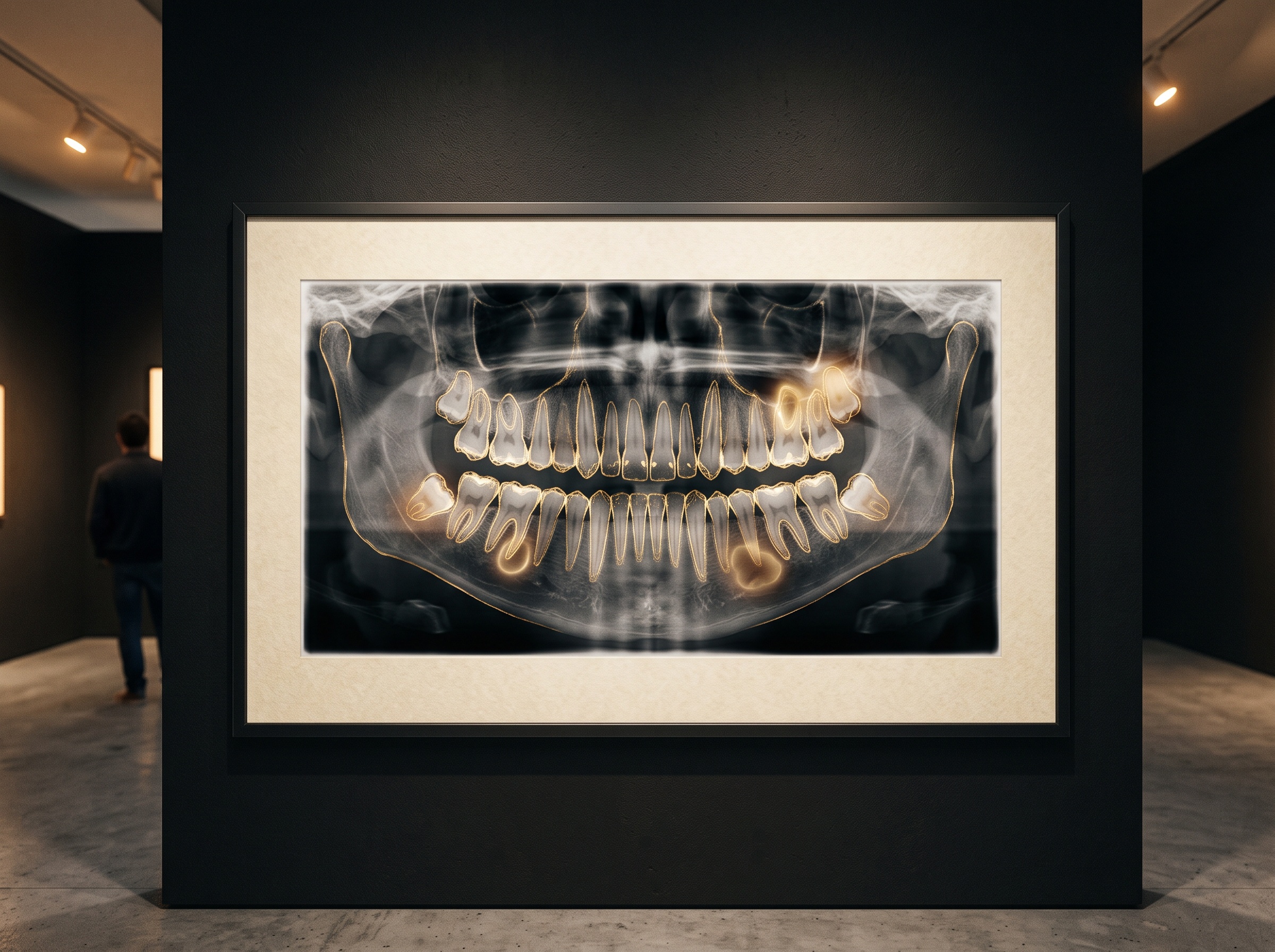 A framed panoramic radiograph with each tooth traced by a fine glowing polygon outline and a few lesion regions softly contoured