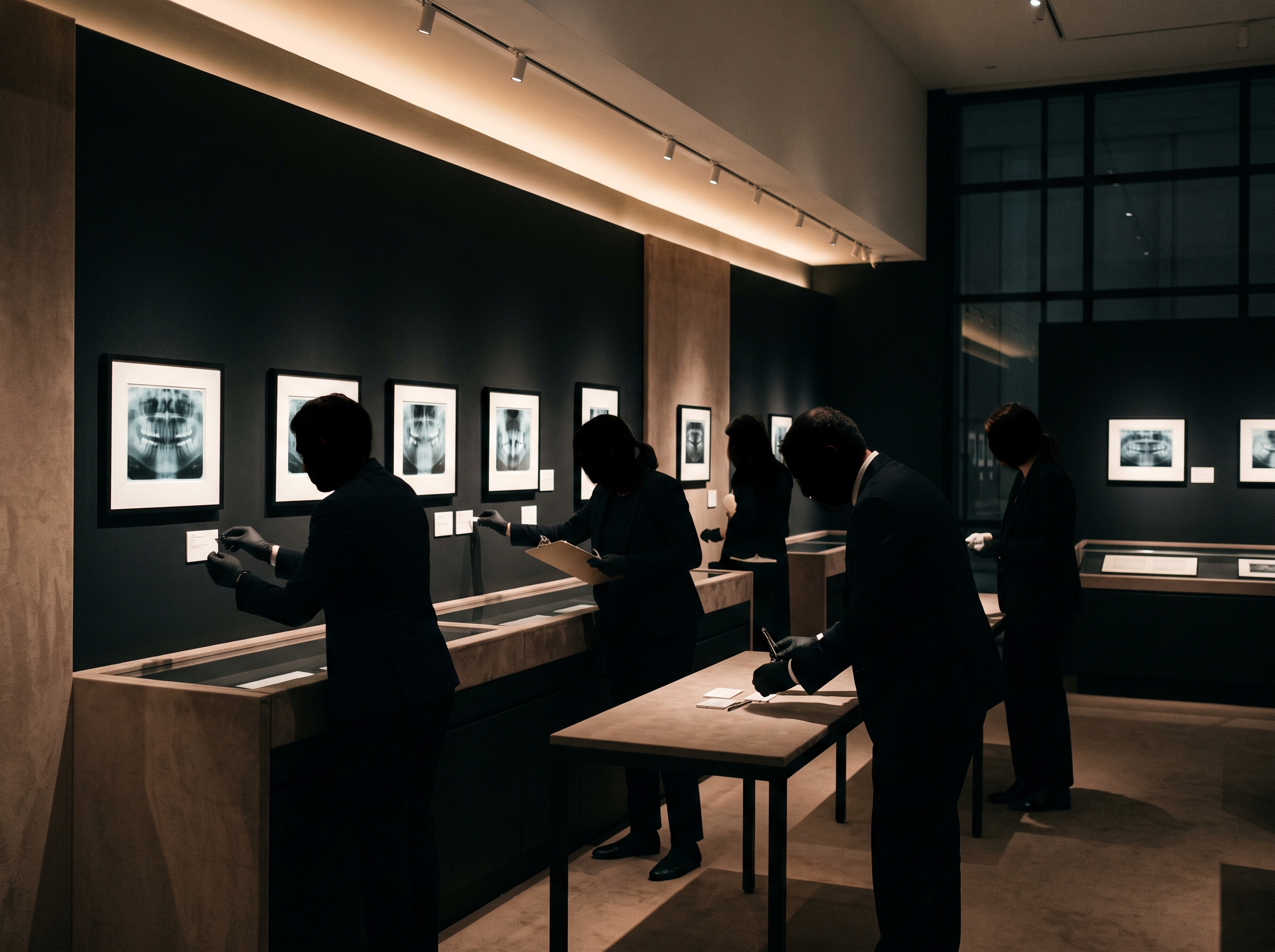 Silhouetted specialists in a quiet gallery carefully placing labels beside framed dental radiographs