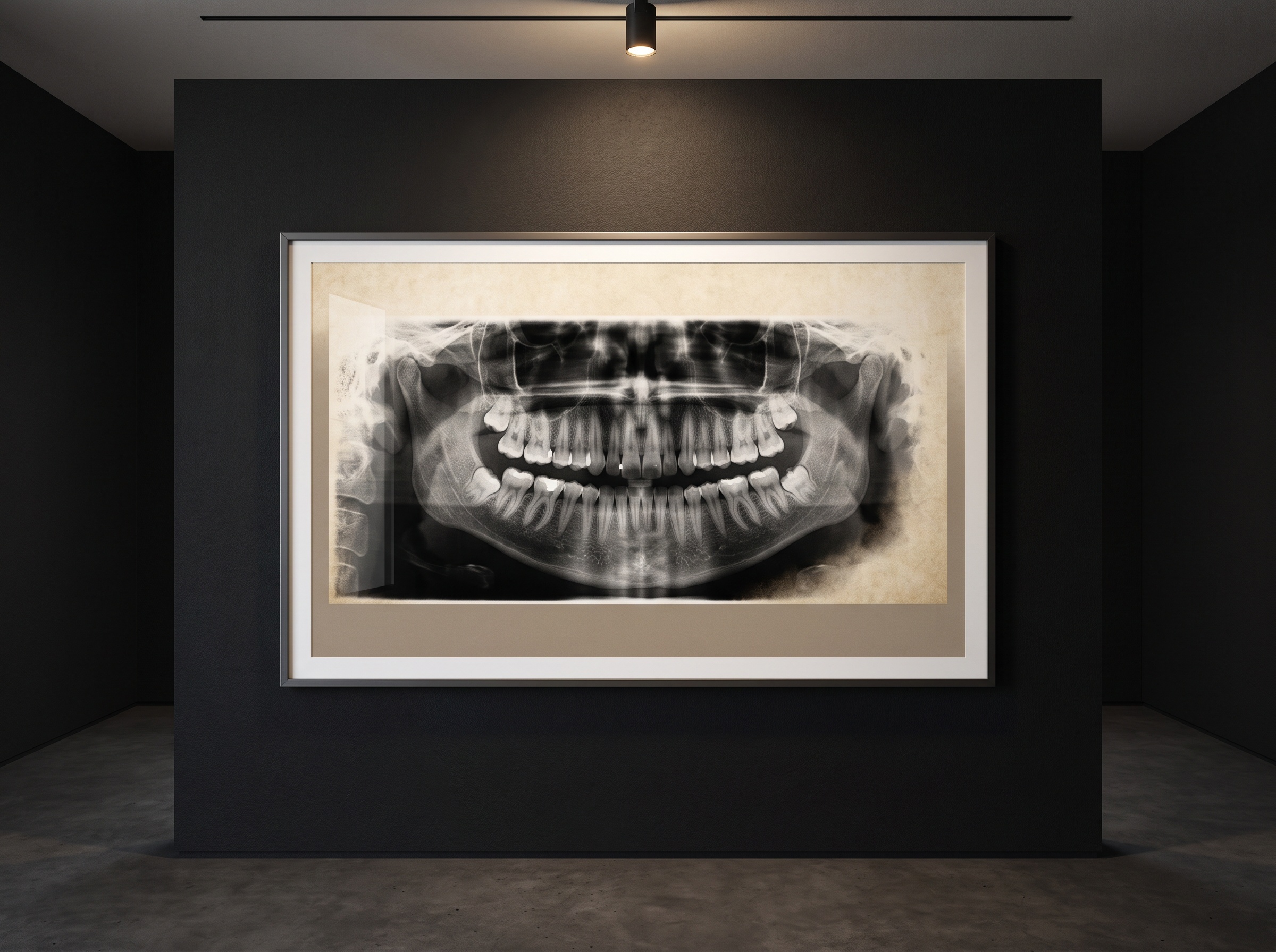 A framed panoramic radiograph whose identifying margin dissolves into blank parchment space, suggesting de-identification