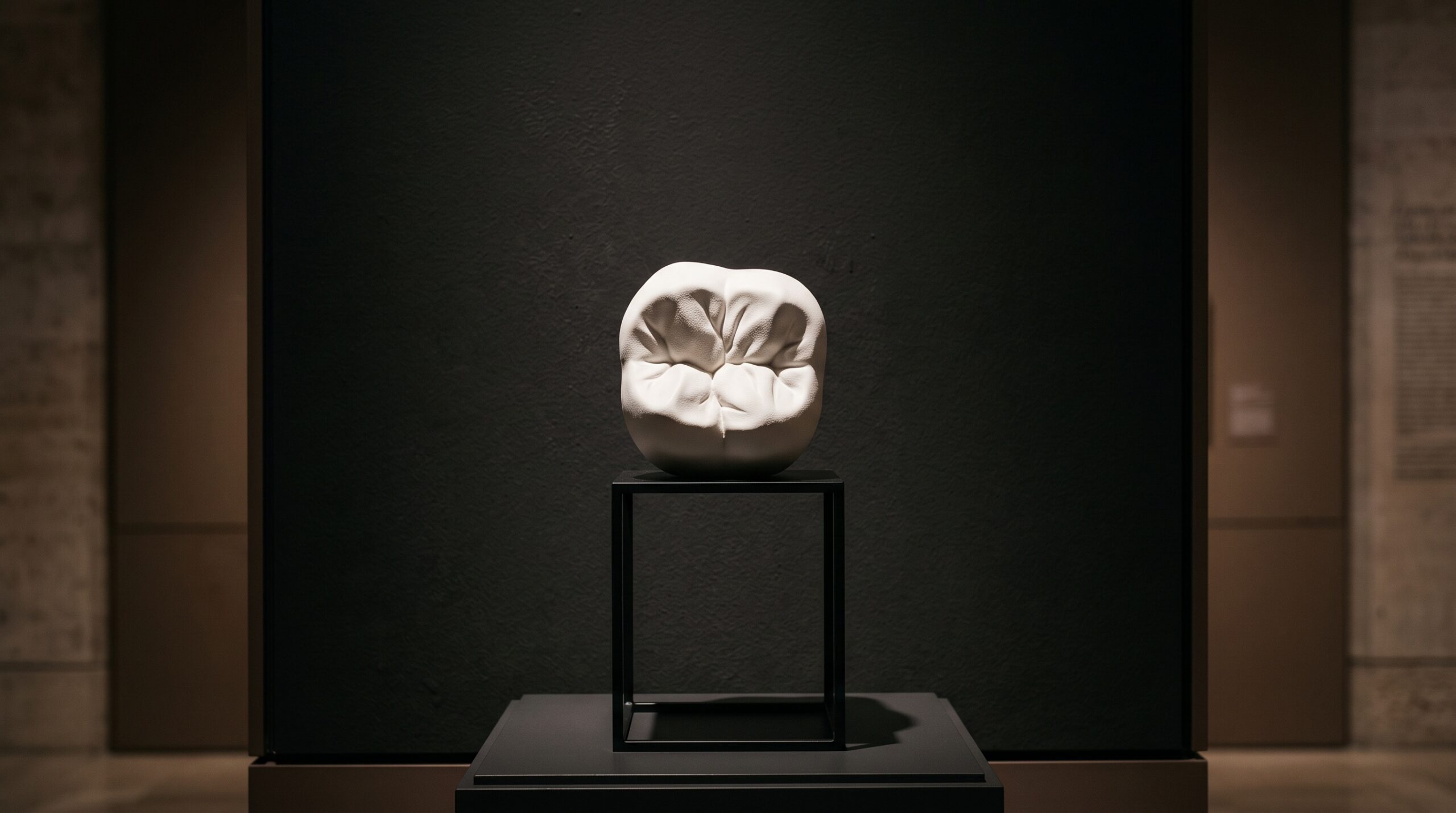 A single tooth model on a pedestal lit by hard light grazing across it from one side, its surface ridges casting long shadows like a relief sculpture