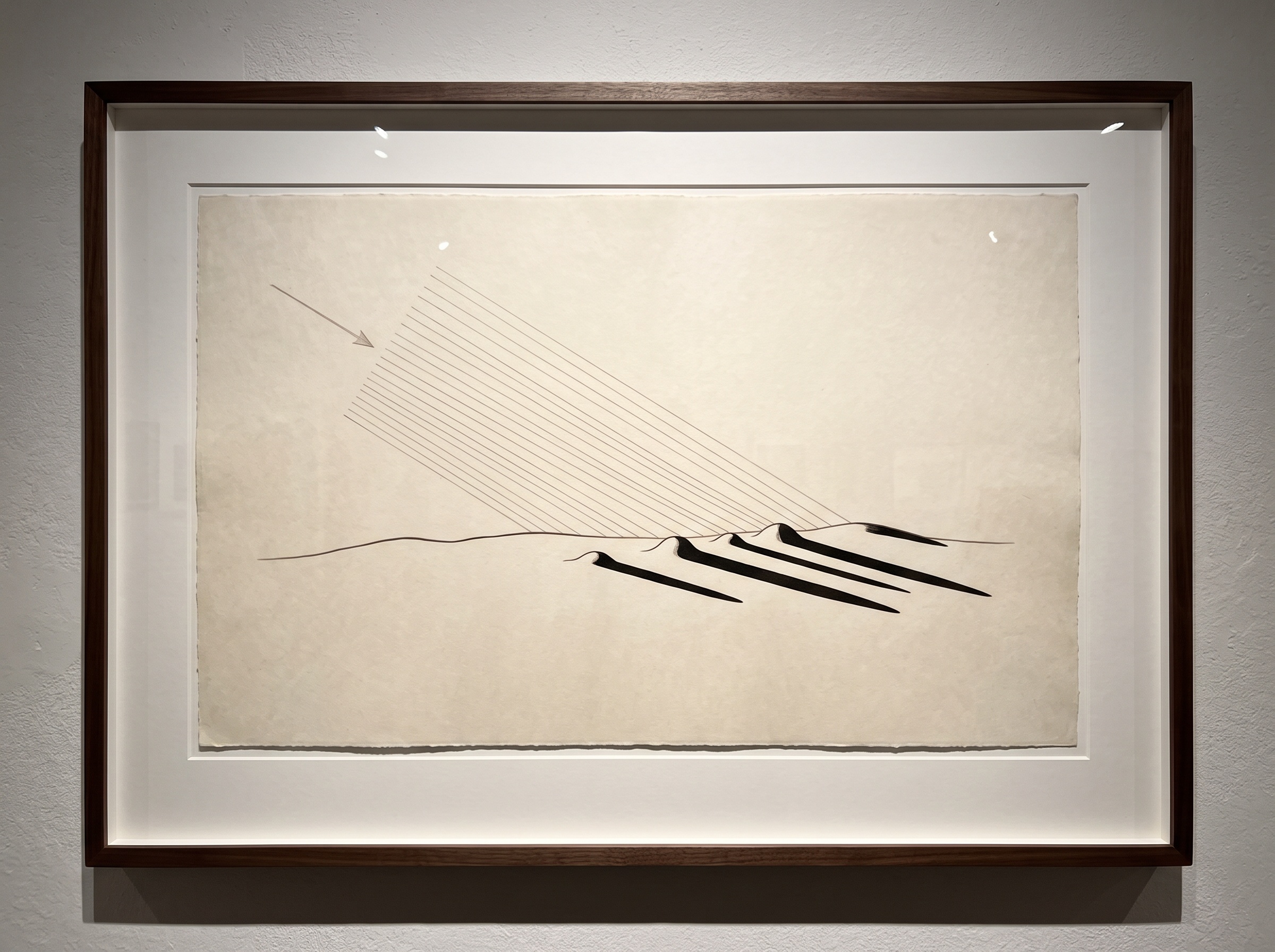 A minimalist diagram of a light beam striking an undulating surface at a shallow angle, each raised bump casting a long shadow