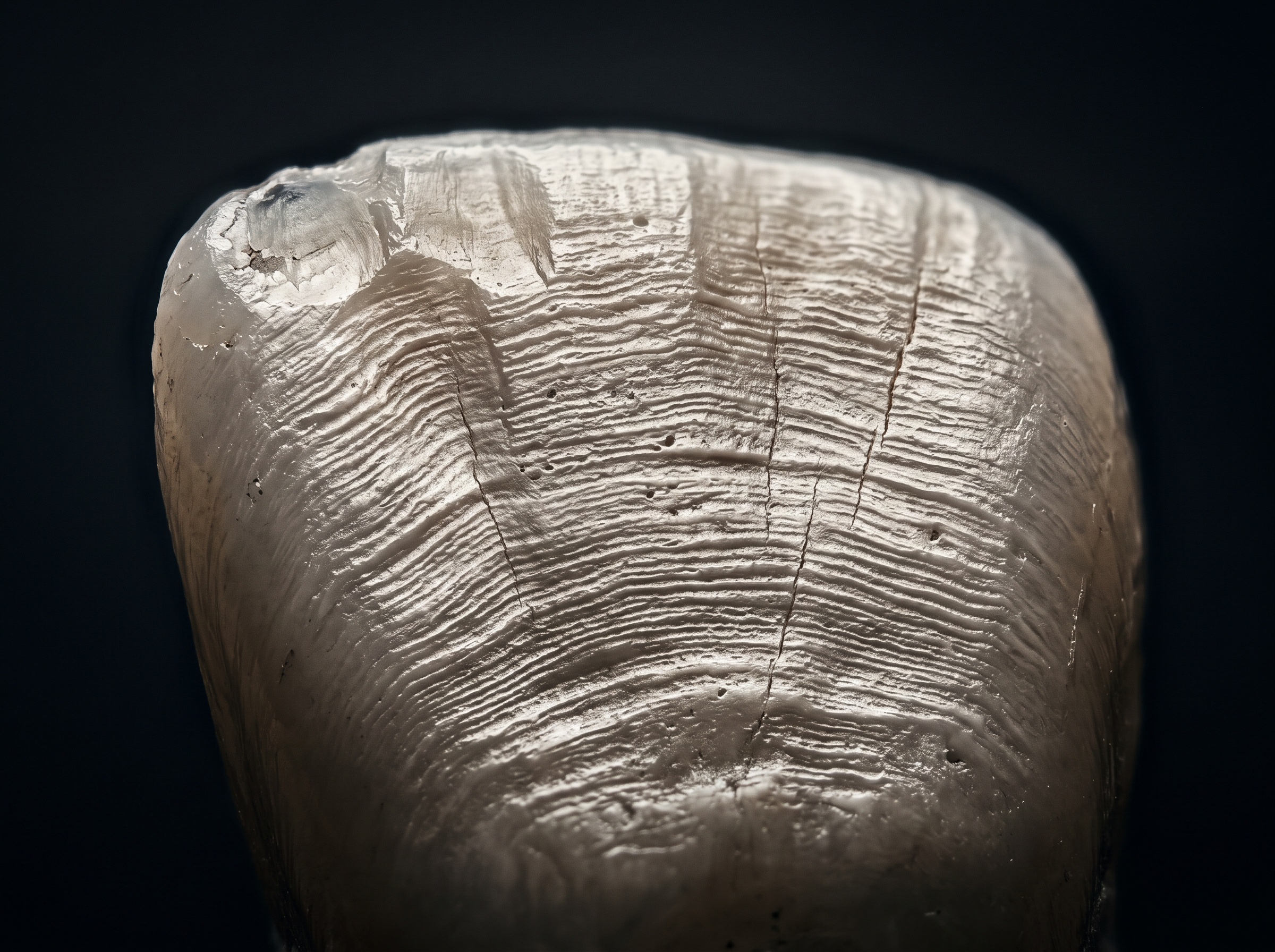 Extreme close-up of a tooth's enamel surface under raking light, showing fine ridges, wear facets, and faint craze lines in sharp relief