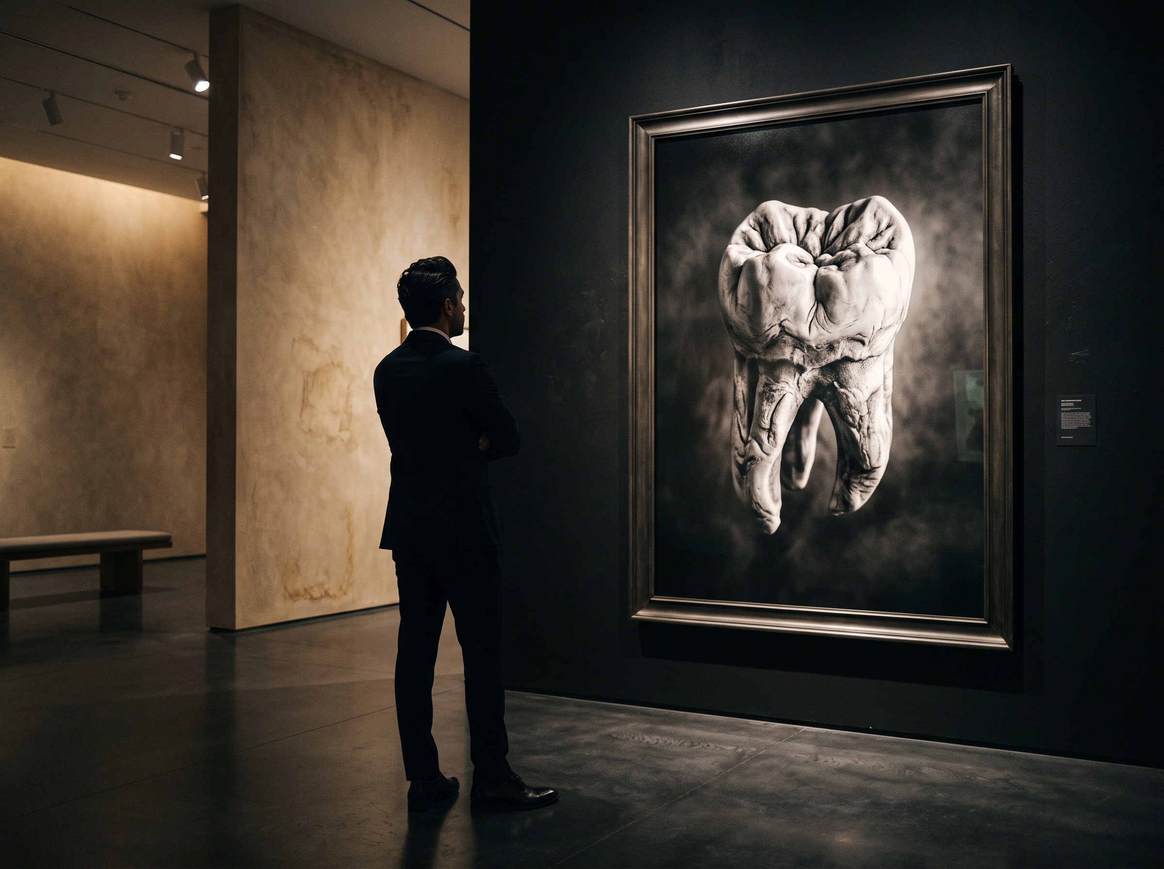A clinician silhouette contemplating a large framed photograph of a tooth rendered as a relief sculpture of ridges and shadows