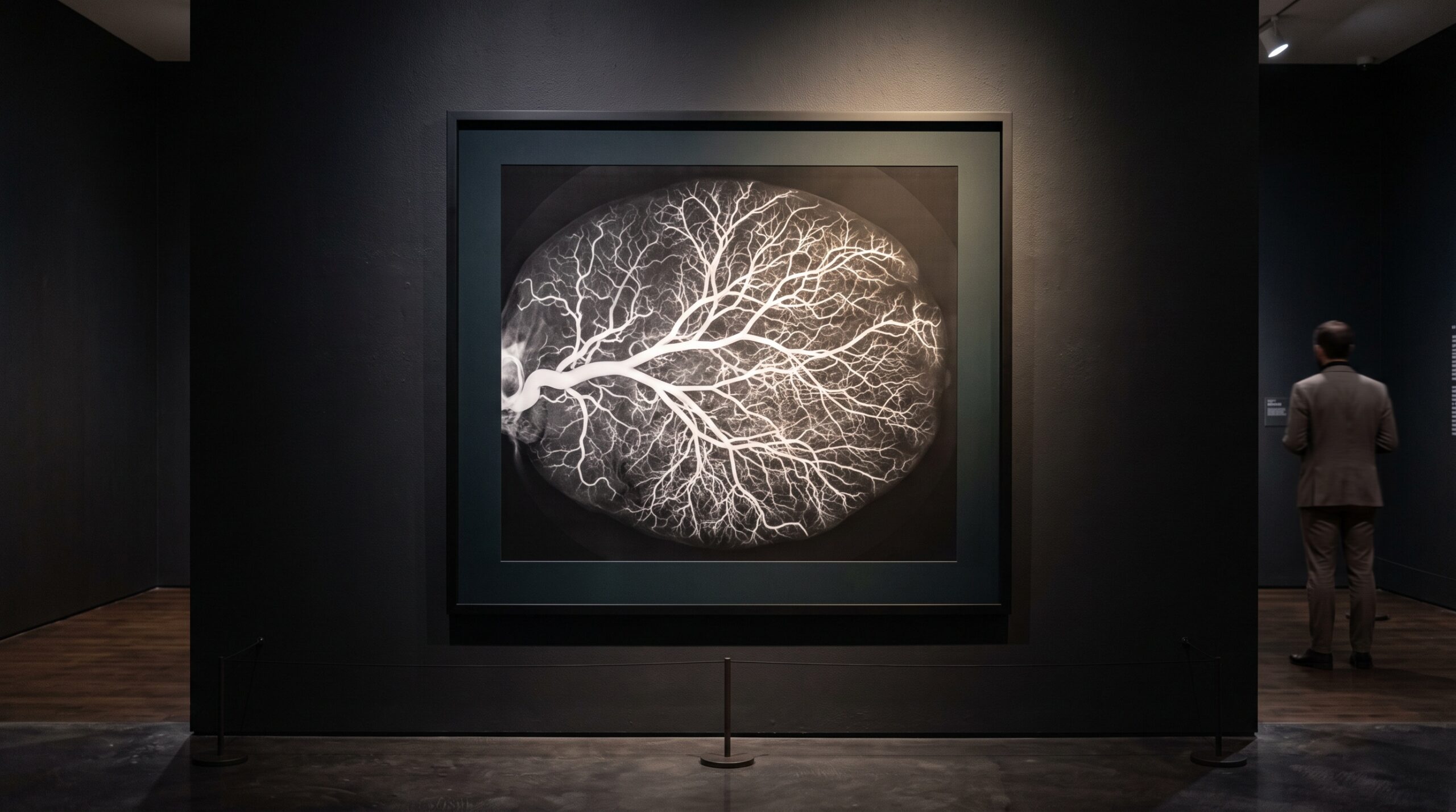 A framed sialogram showing the branching white tree of a contrast-filled salivary duct, presented as gallery art