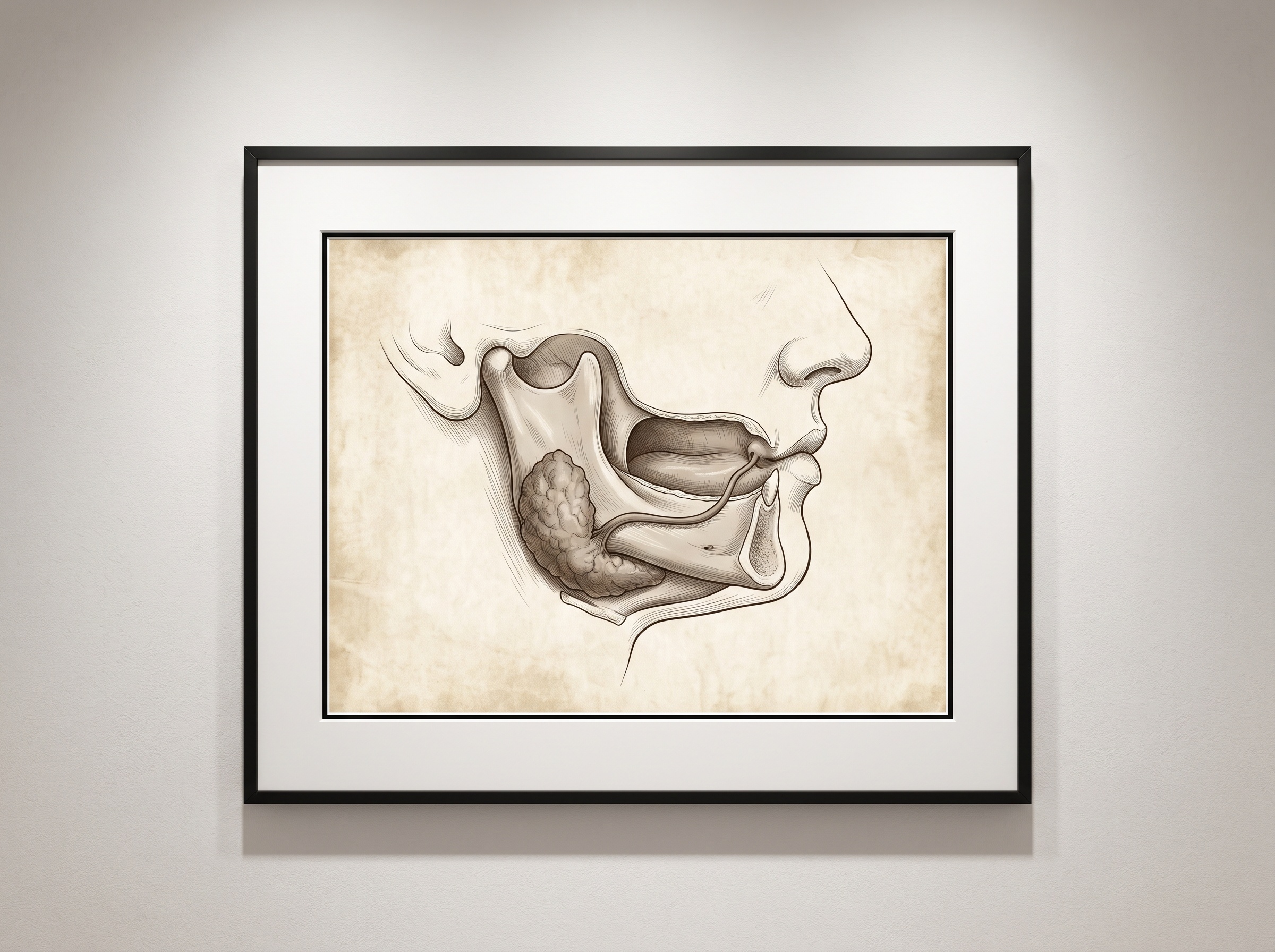 An elegant anatomical print of a salivary gland and its main duct running forward to the mouth