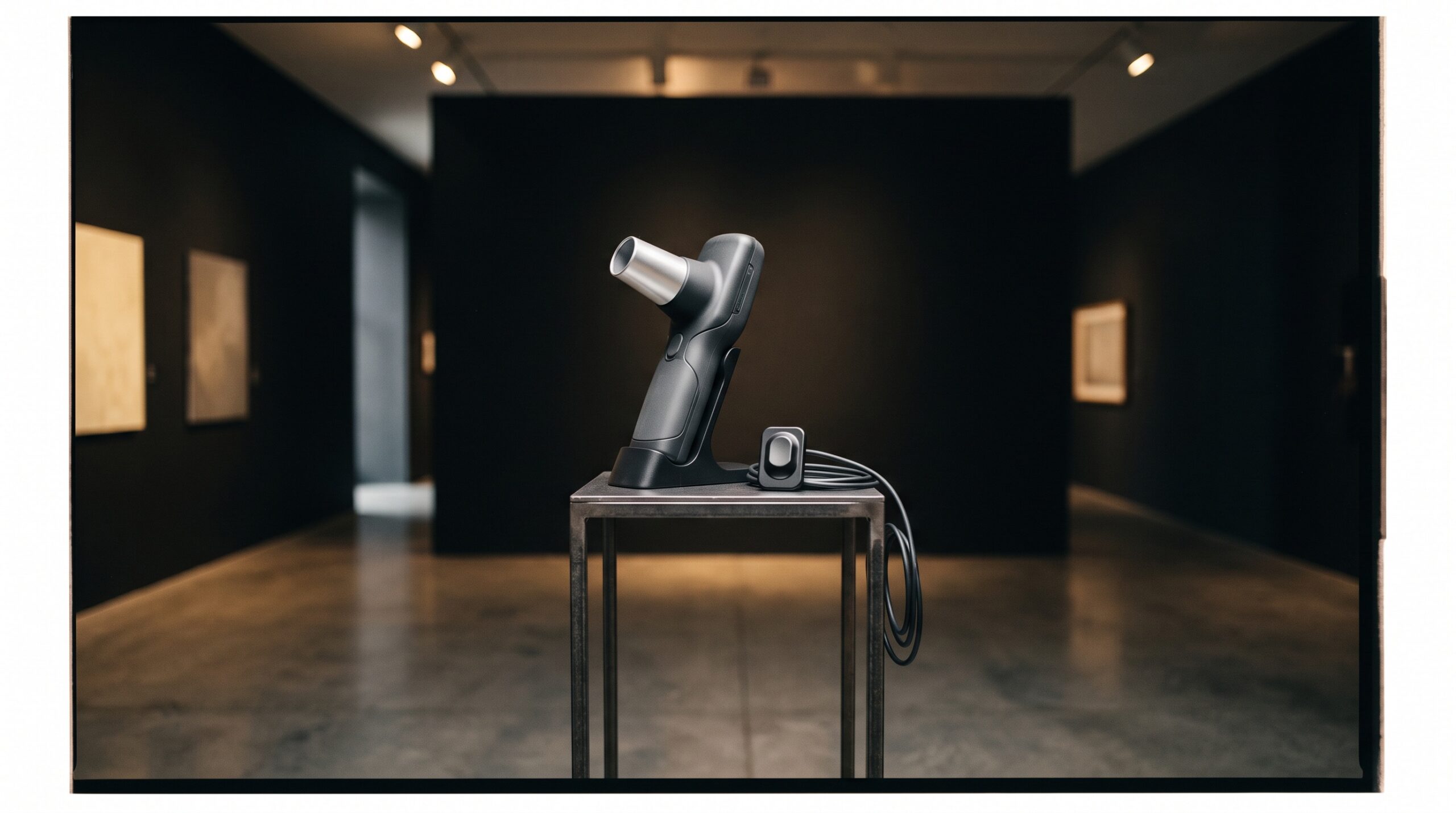 A small portable intraoral sensor and a handheld imaging device displayed as sculptural objects on a pedestal against a dark gallery wall