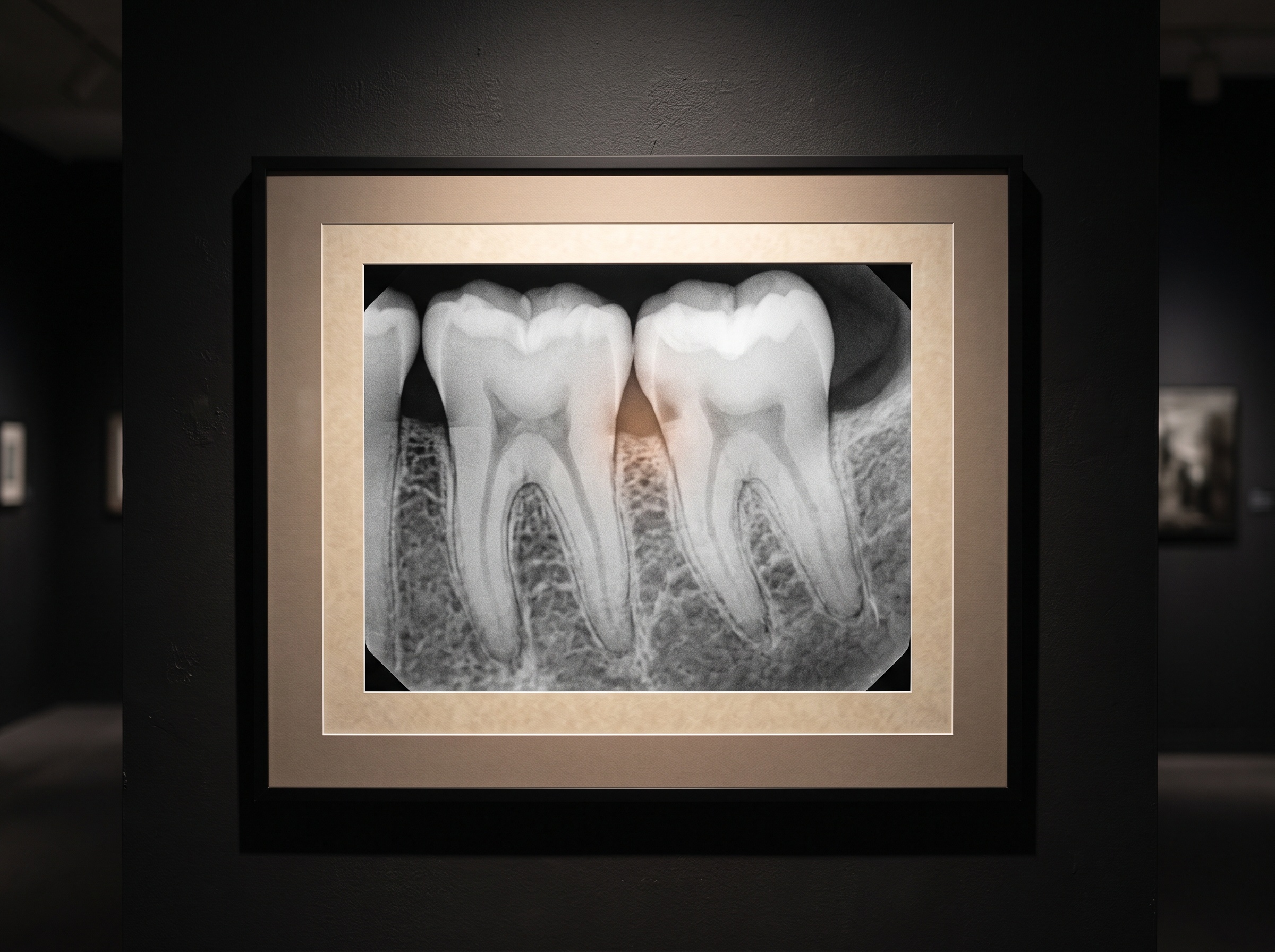 A framed dental radiograph of molars presented as art, with a faint highlight marking a small early area of decay between two teeth
