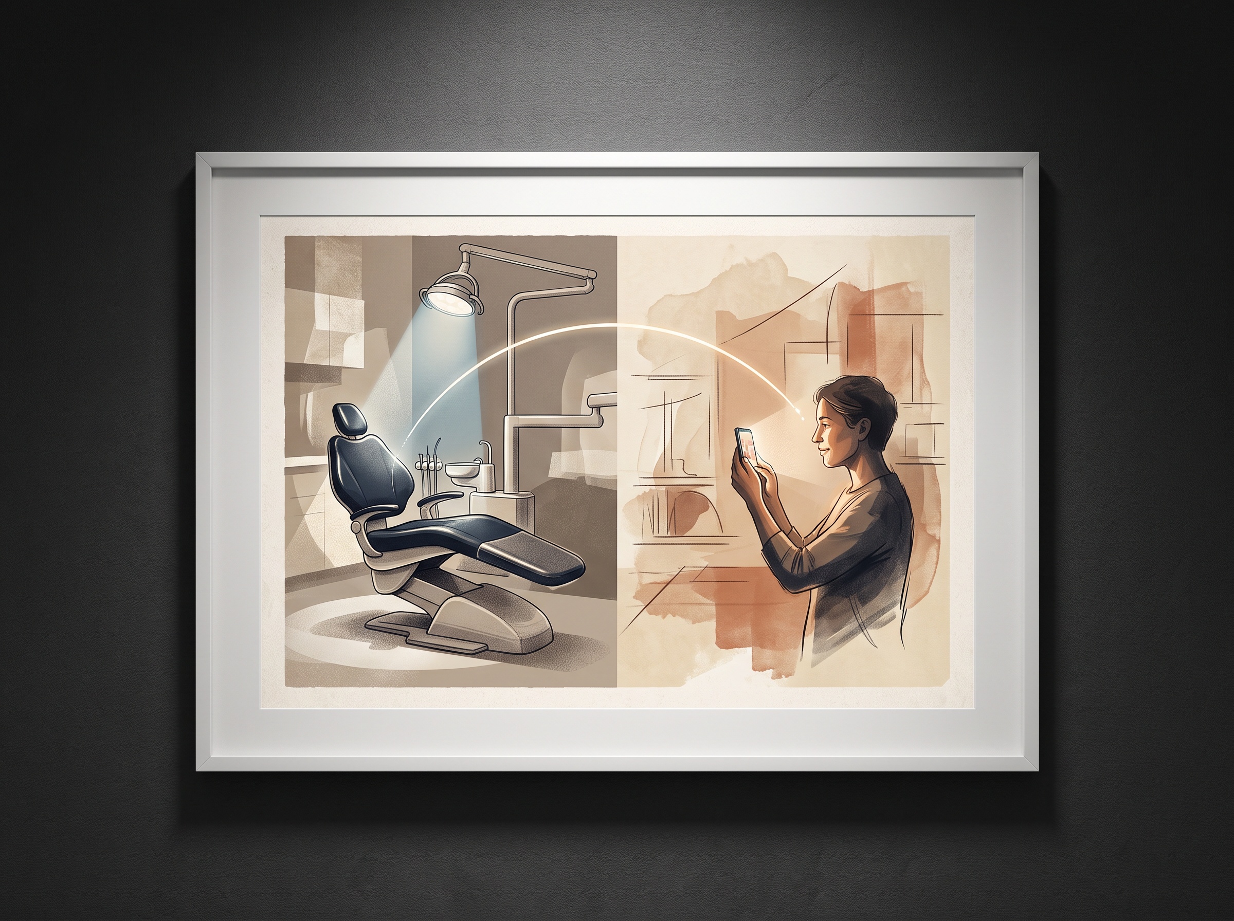 An illustration contrasting a controlled dental operatory with an everyday setting where a person captures their own oral image, linked by a line