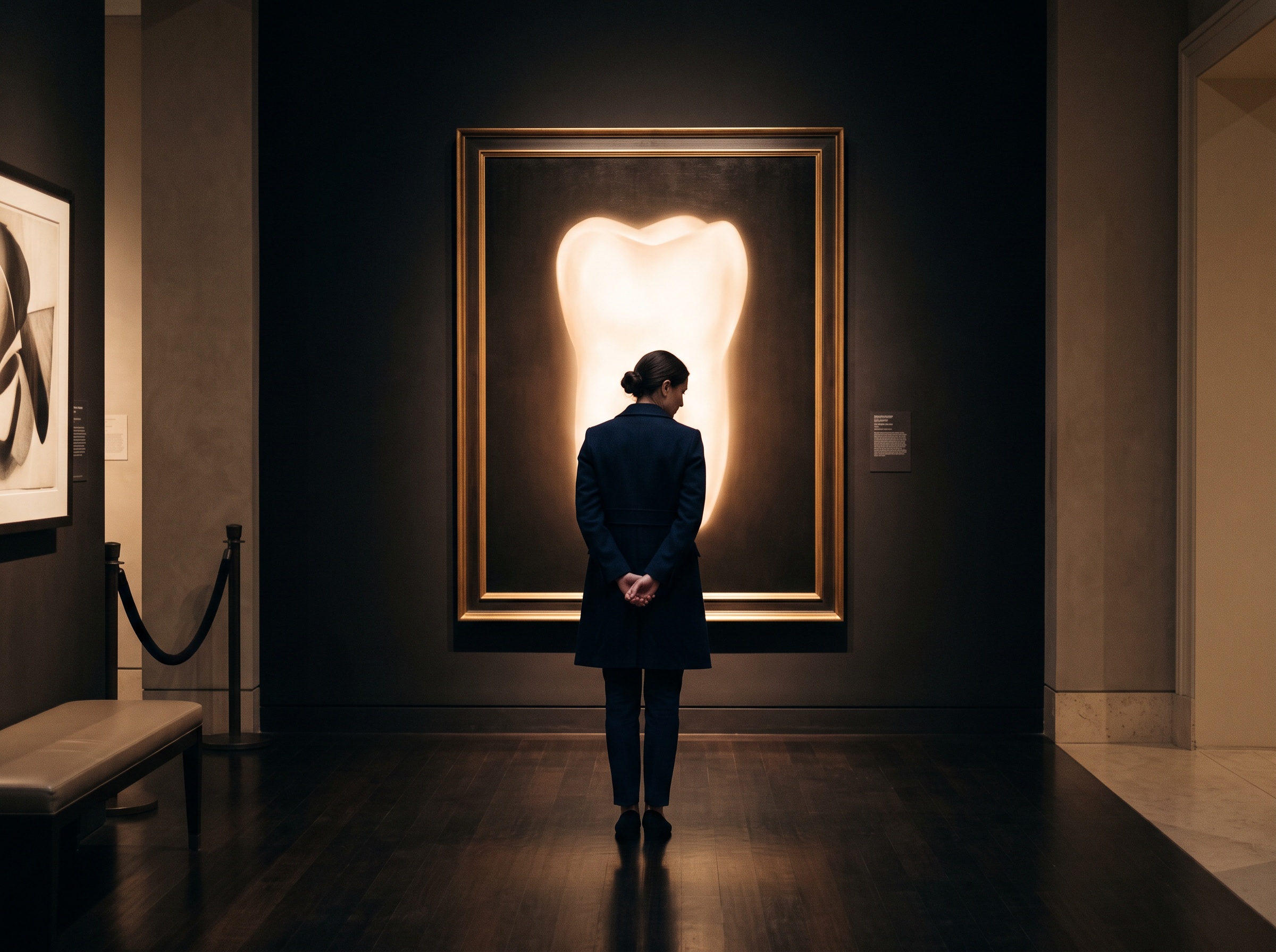 A clinician silhouette contemplating a large framed image of a single glowing tooth rendered as an abstract point of light