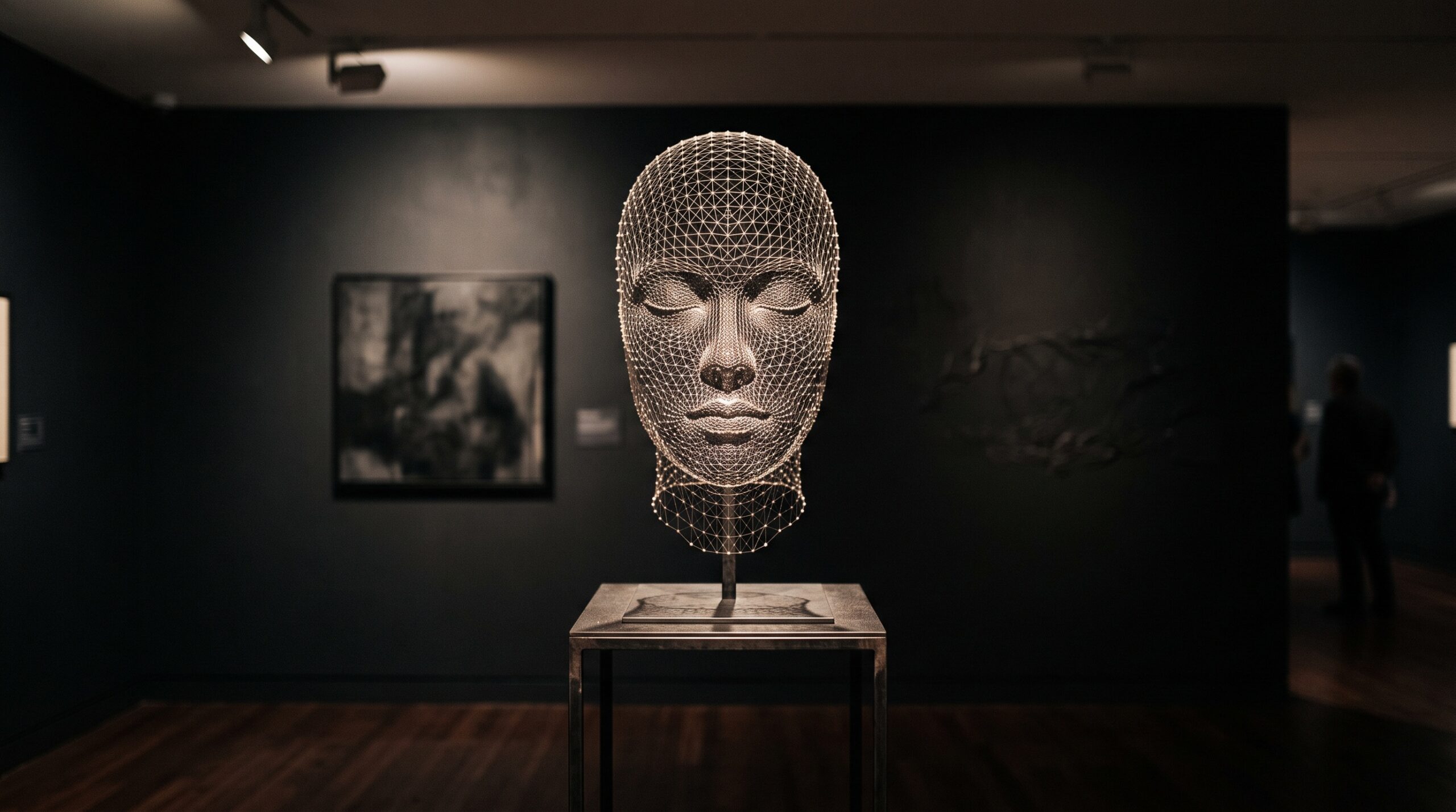 A human face rendered as a measured three-dimensional surface mesh, presented like a sculpted bust on a gallery pedestal
