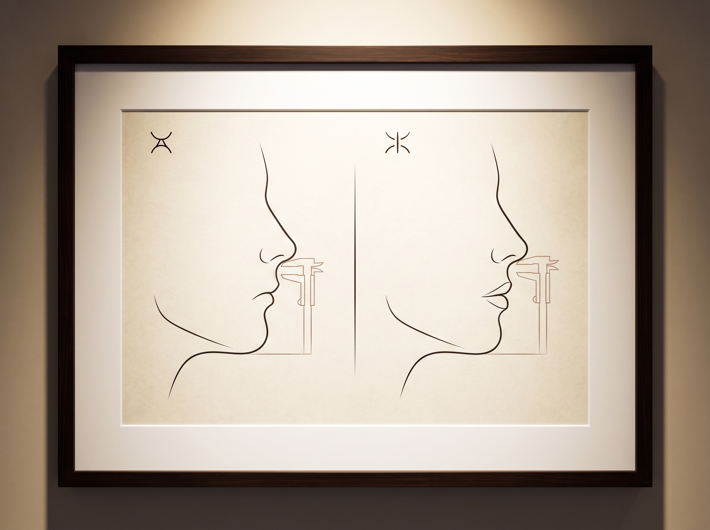 A diagram comparing a collapsed over-closed facial profile with a restored, opened one, with a caliper spanning the lower face in each