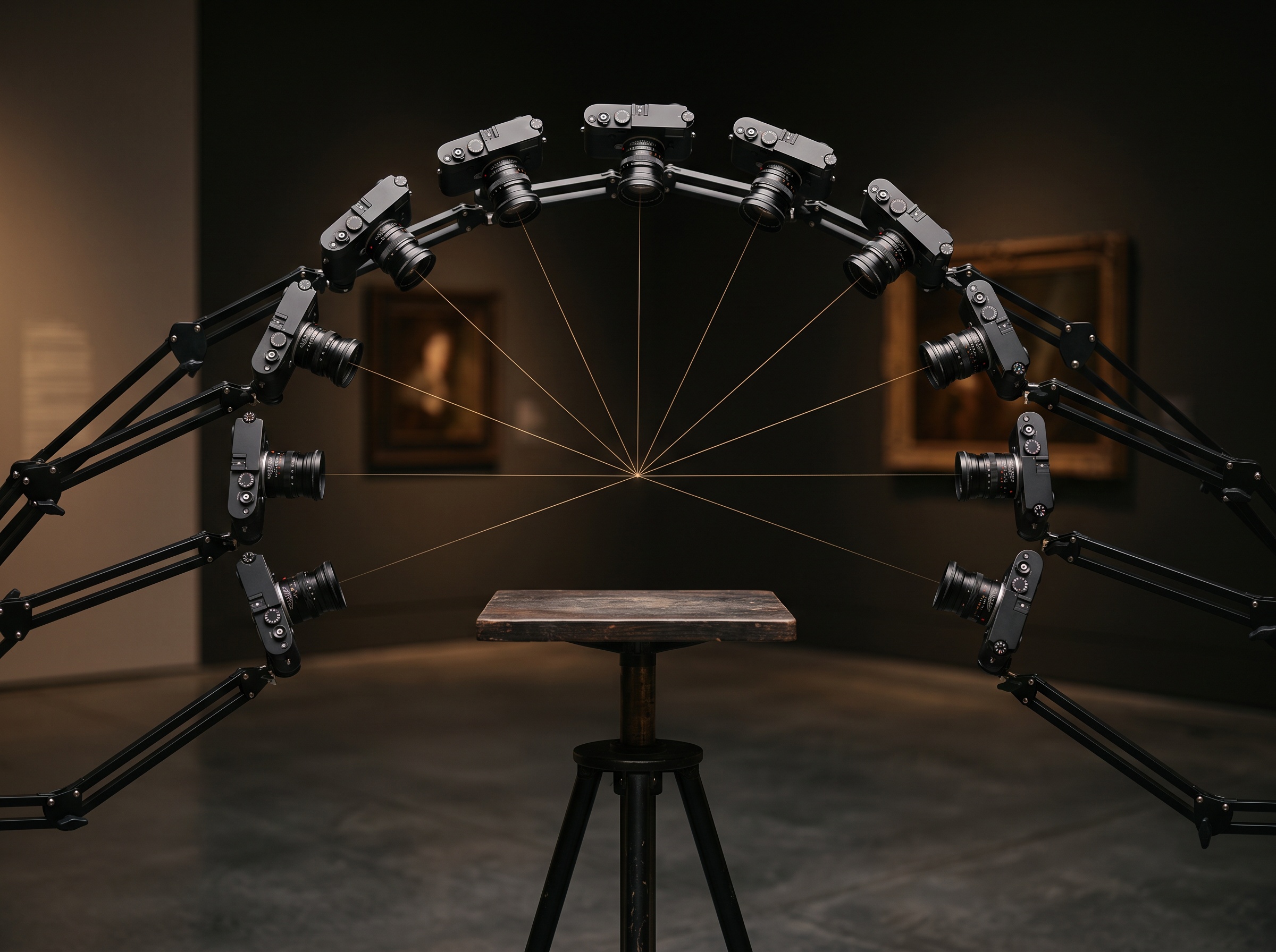 An arc of identical cameras arranged around a central point with fine lines converging, suggesting photogrammetric triangulation