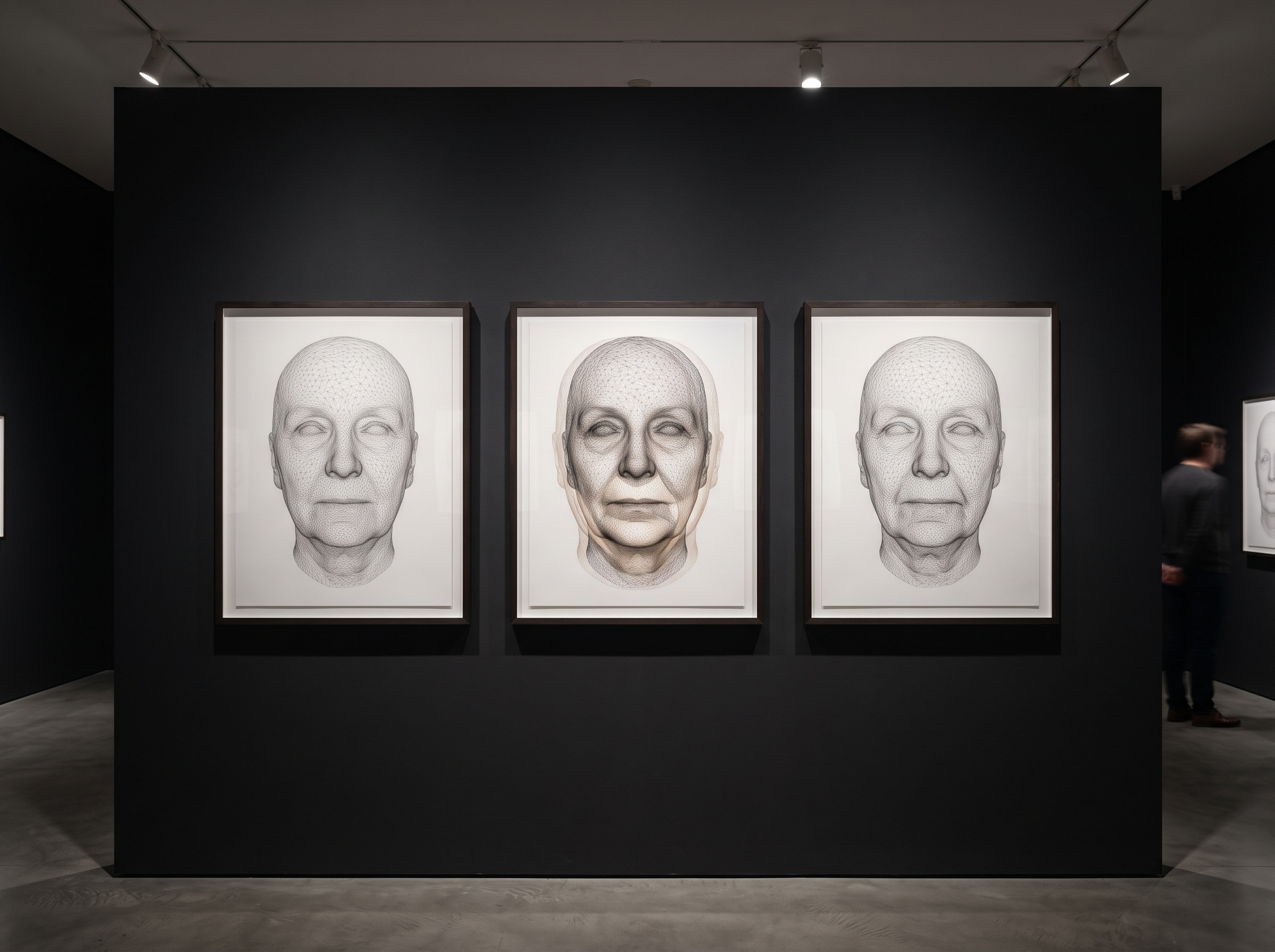 Three translucent facial surface meshes of one face superimposed, with faint glowing zones marking where the lower face changed