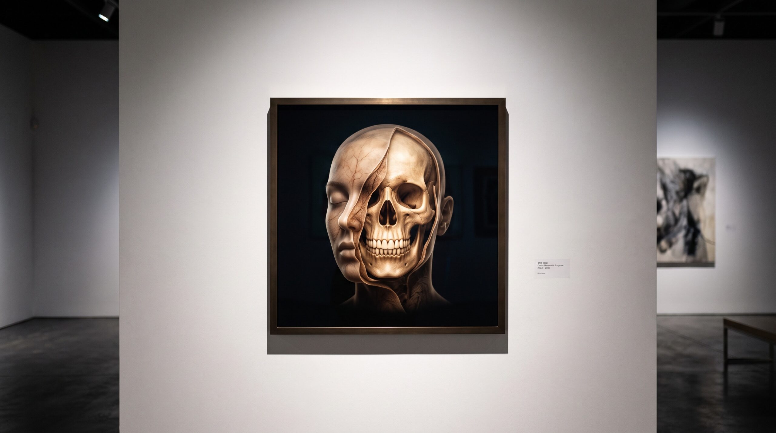 Composite 3D model of a head showing translucent face over aligned skull and teeth, framed as gallery art