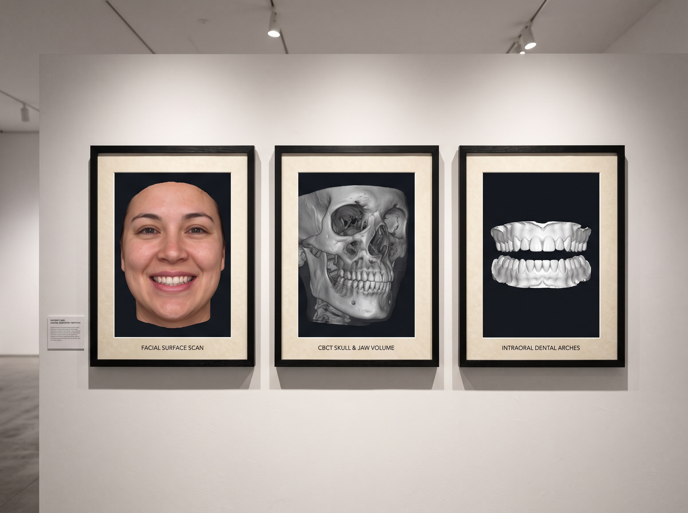 Three framed scans side by side: a face surface, a CBCT skull volume, and an isolated intraoral tooth scan