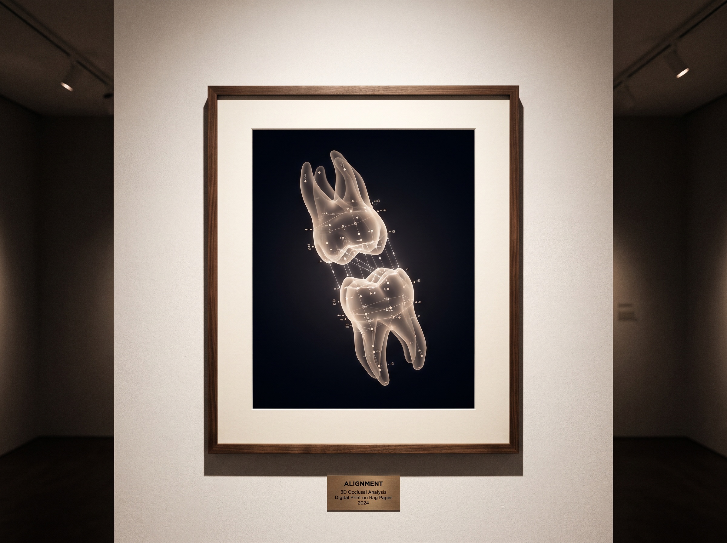 Two 3D tooth surfaces aligning in space with glowing registration points connecting shared landmarks