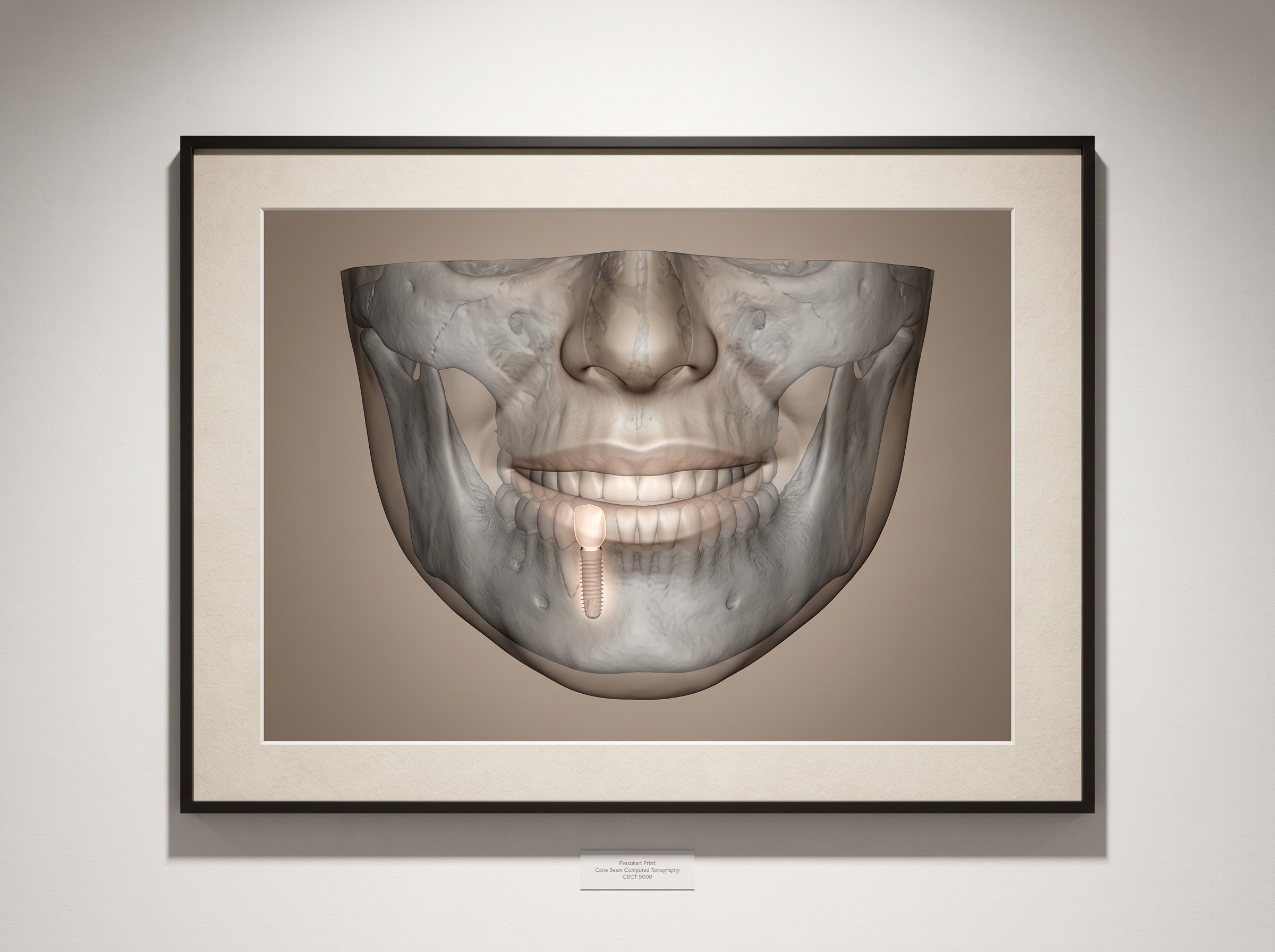 A translucent face overlaid on a CBCT jaw with a planned restoration visible in the bone beneath the smile