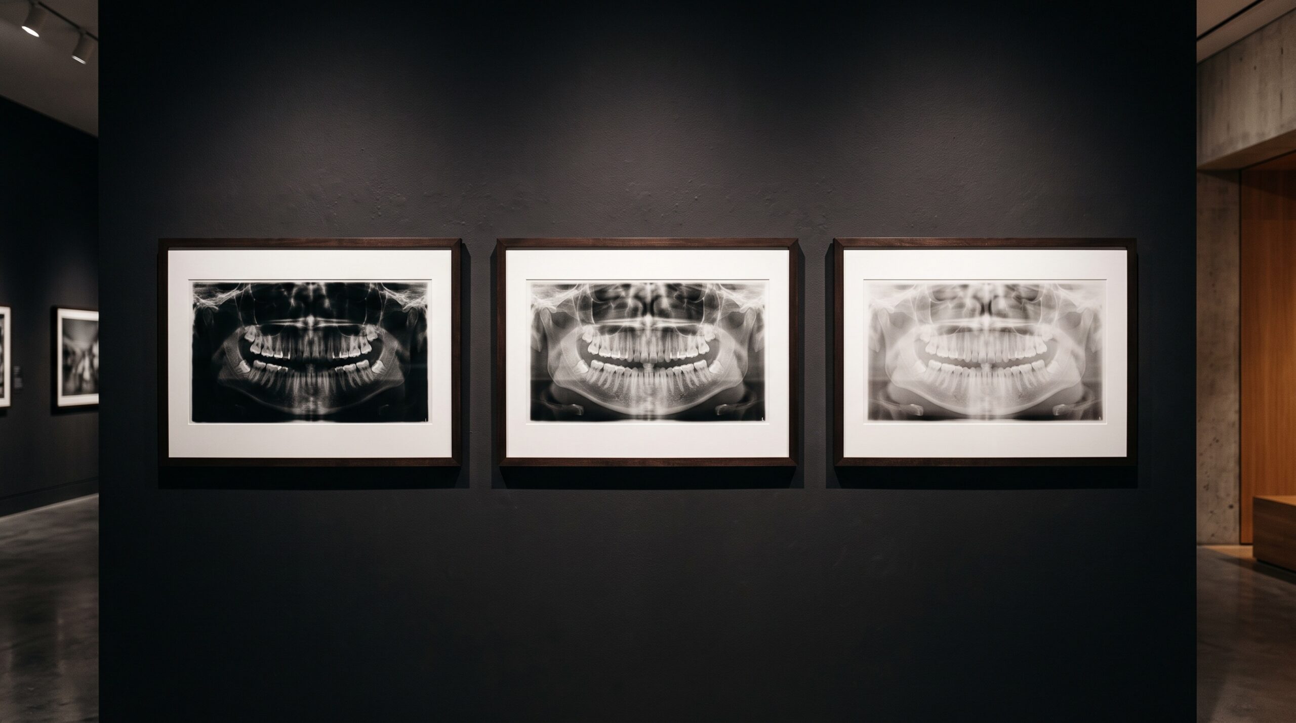 A triptych of the same dental radiograph shown at three different brightness and contrast settings, framed as gallery art
