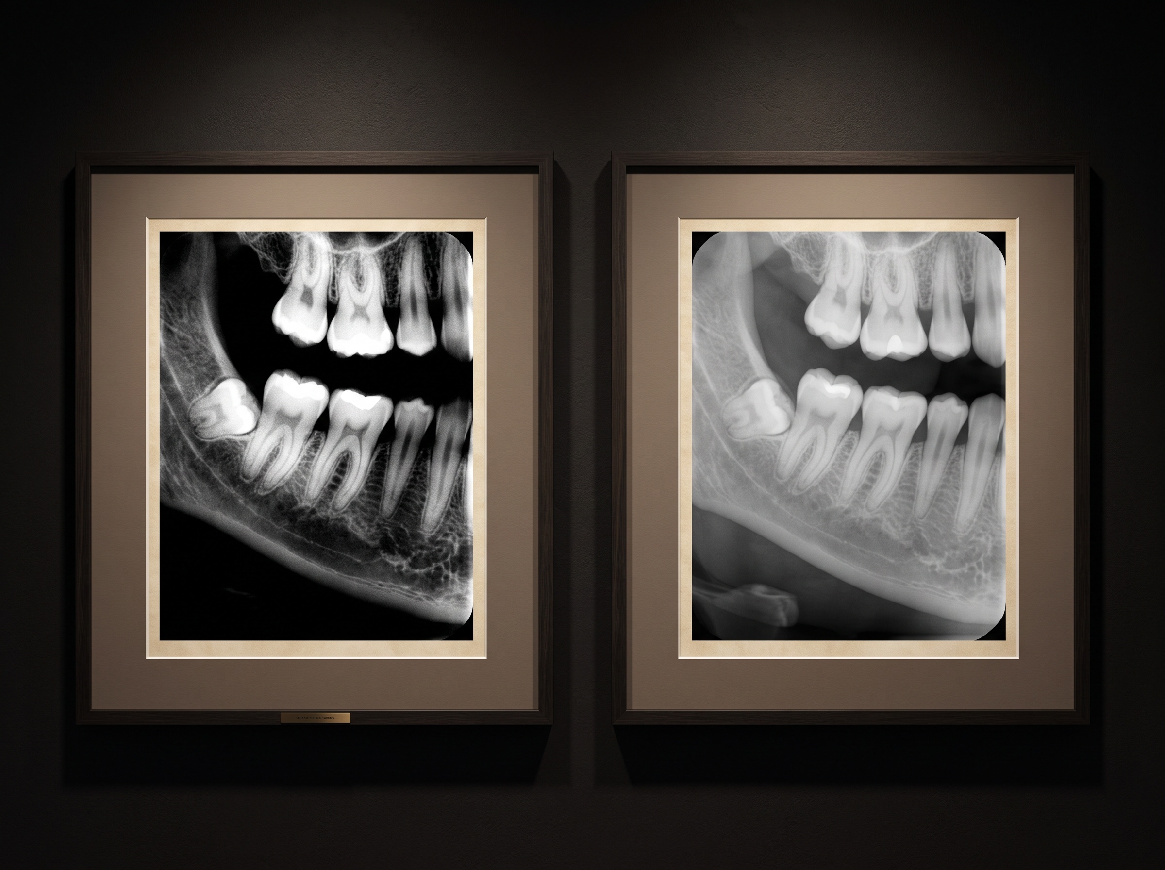 A diptych comparing a high-contrast narrow-window radiograph with a long-grayscale wide-window version of the same region