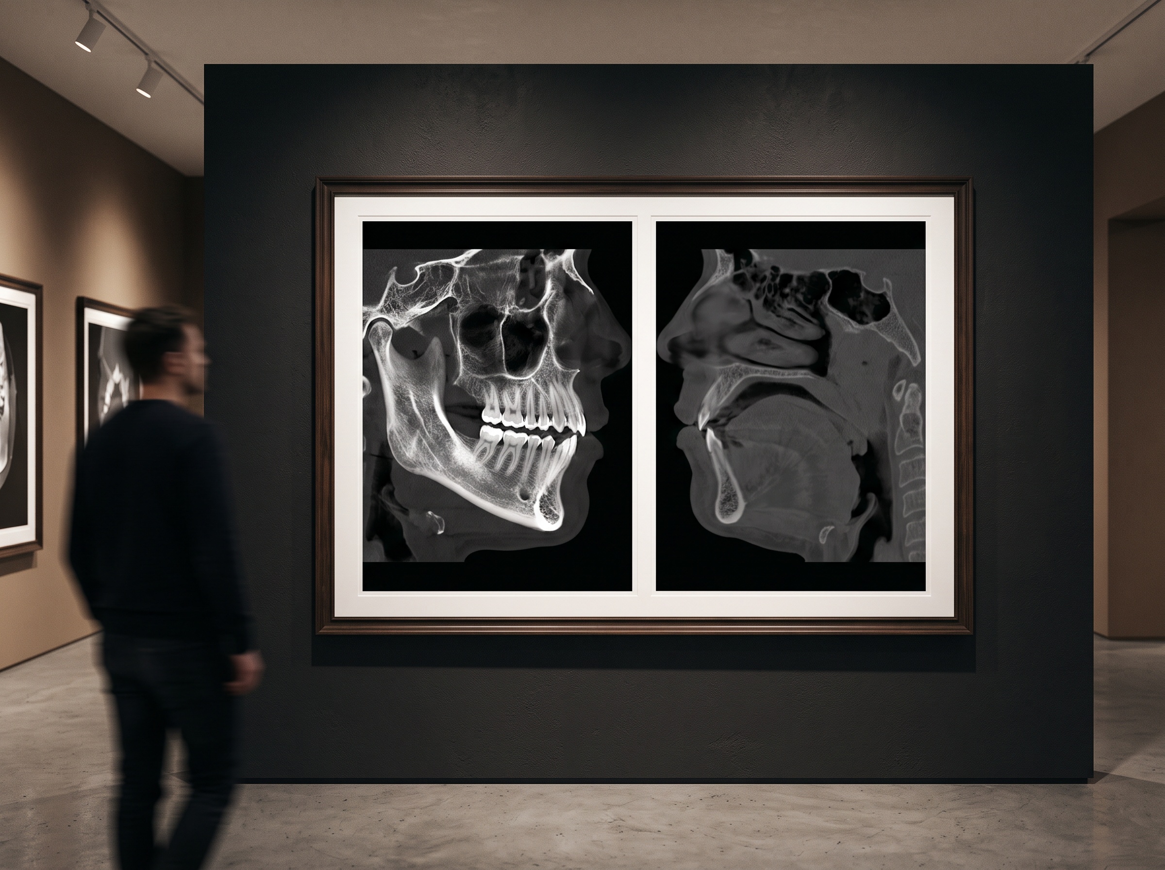A CBCT jaw cross-section shown in a bone window and a soft-tissue window, the same volume read two different ways